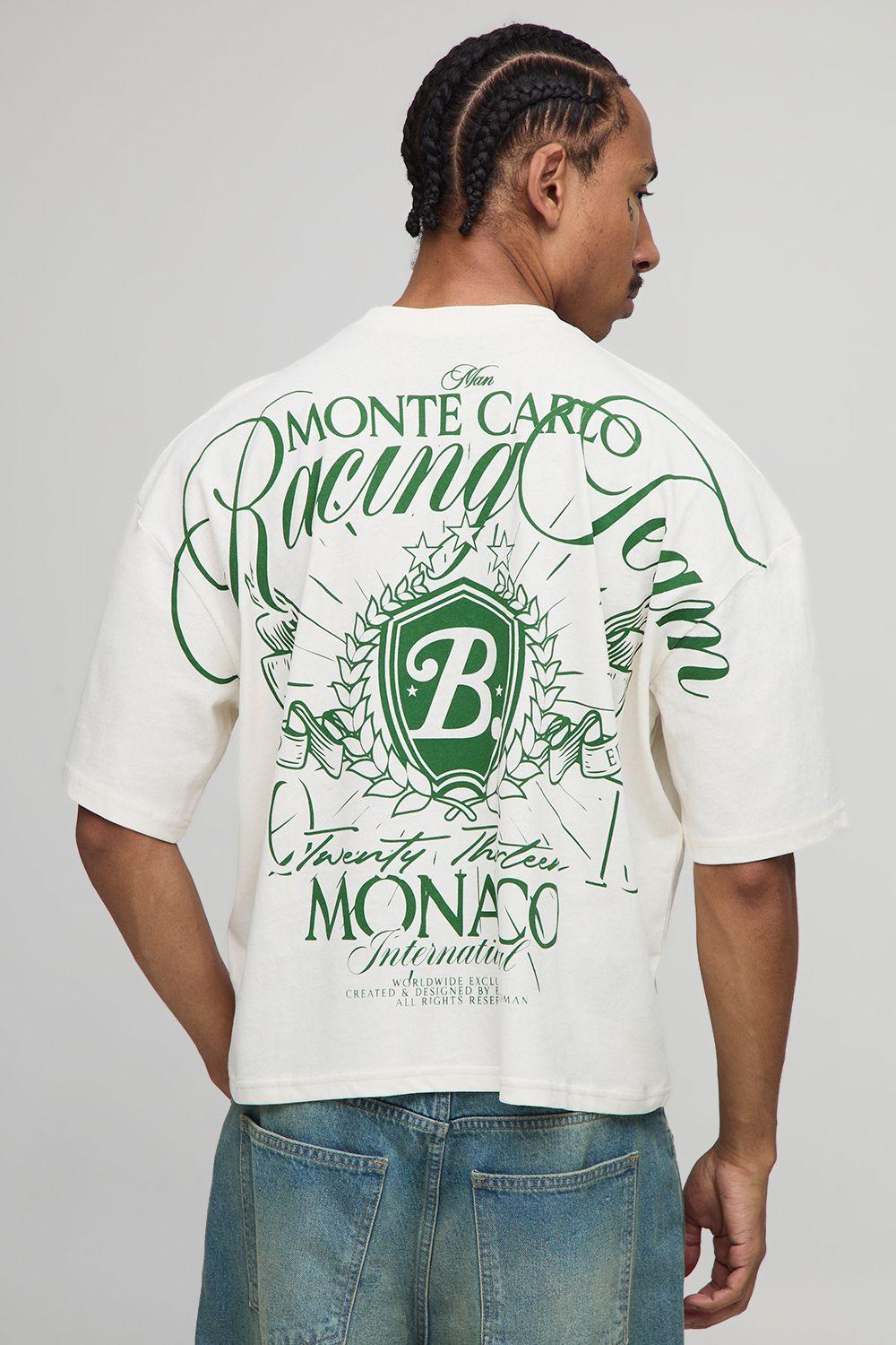 Ecru Oversized Shrunken Boxy Over Seam Racing Team Printed T-shirt by BOOHOOMAN