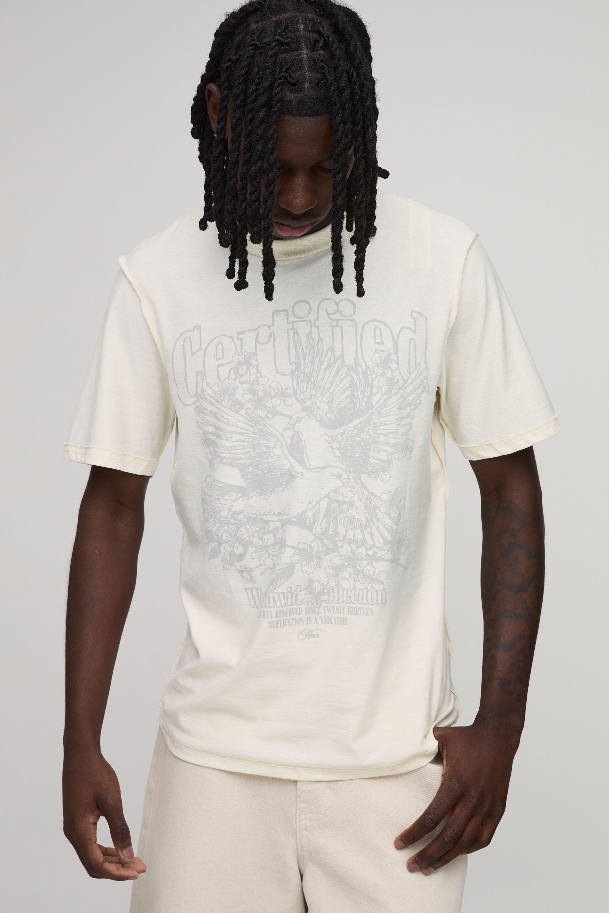 Ecru Regular Fit Exposed Seam Dove Print T-shirt by BOOHOOMAN