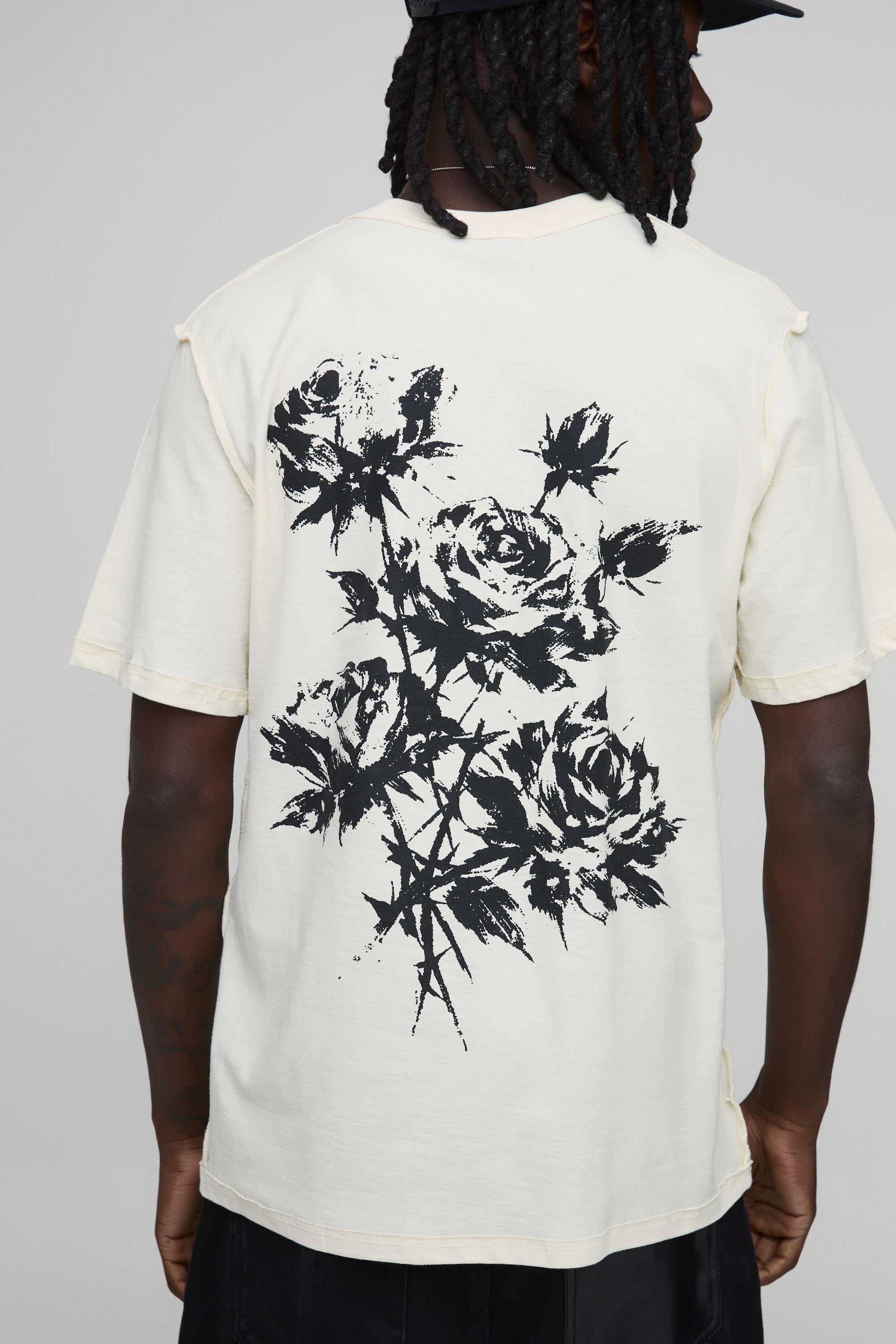 Ecru Regular Floral Print Exposed Seam T-Shirt by BOOHOOMAN