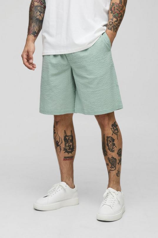Elasticated Baggy Plain Seersucker Shorts by BOOHOOMAN