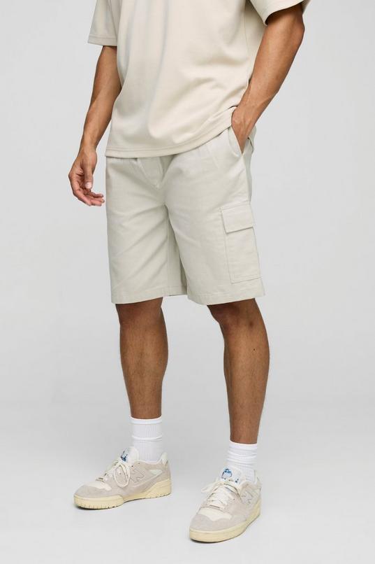 Elasticated Waist Canvas Overdye Relaxed Mid Length Cargo Shorts by BOOHOOMAN