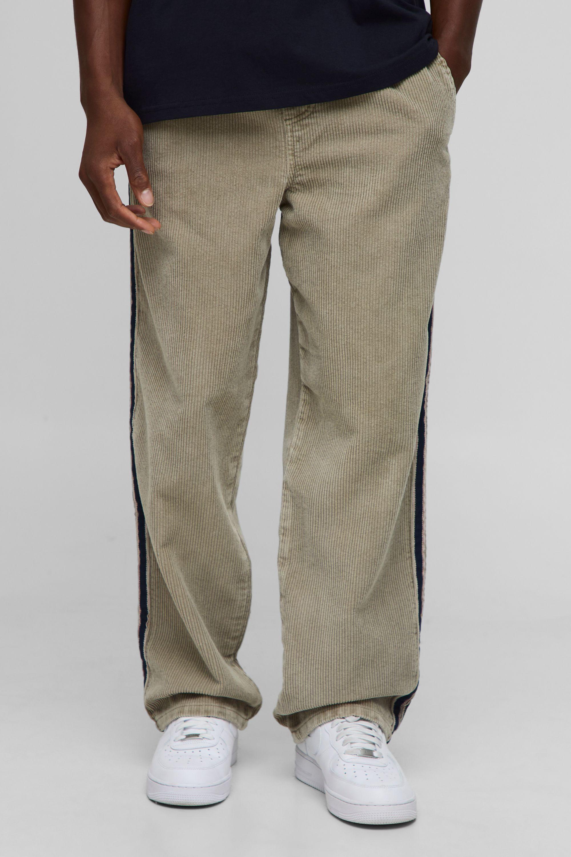 Elasticated Waist Relaxed Acid Wash Corduroy Tape Detail Trousers by BOOHOOMAN