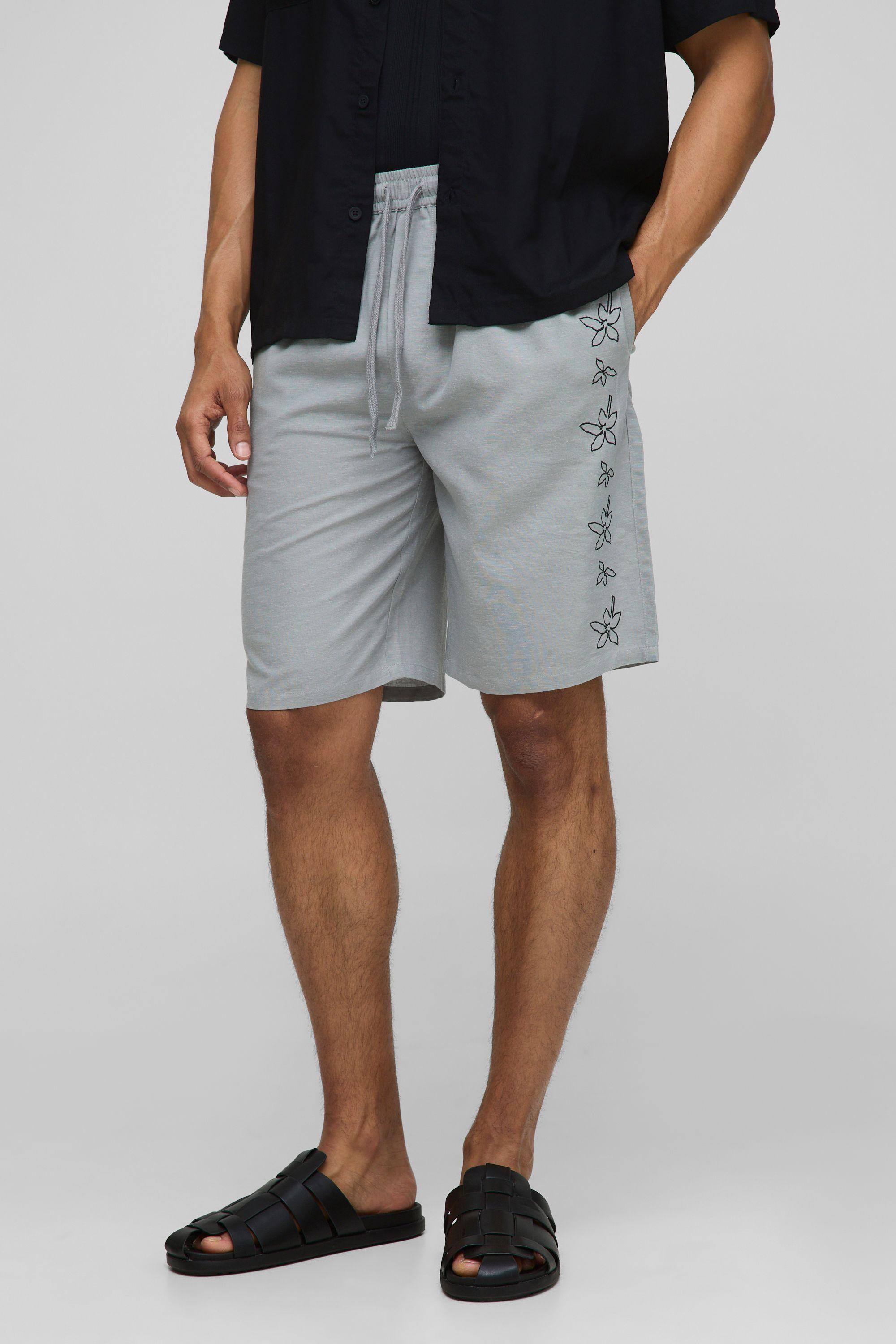 Elasticated Waist Straight Fit Floral Emboridery Linen Shorts by BOOHOOMAN