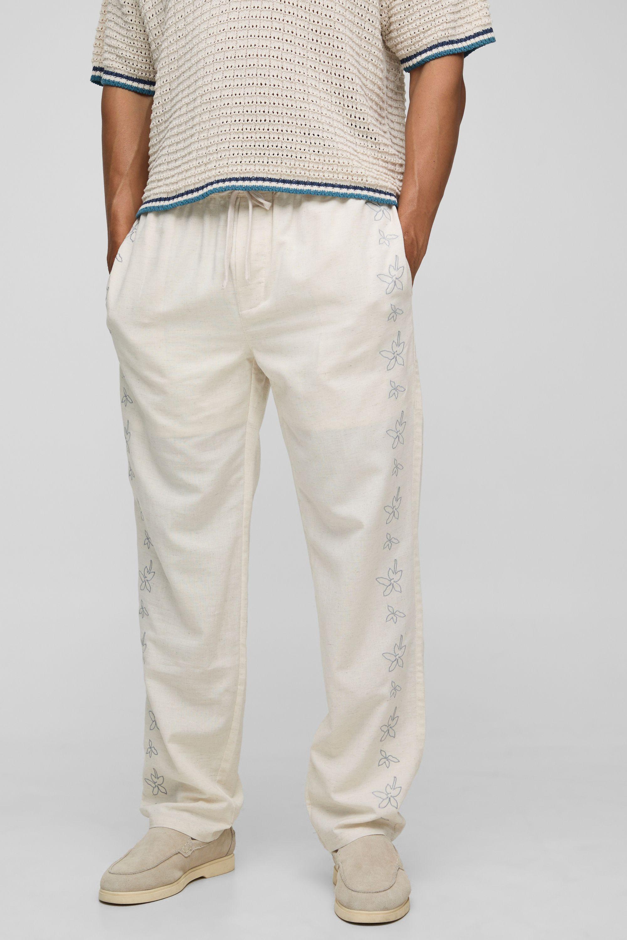 Elasticated Waist Straight Fit Floral Embroidery Linen Trousers by BOOHOOMAN