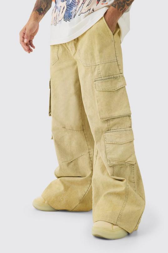 Elasticated Waist Super Baggy Heavyweight Washed Multi Cargo Trousers by BOOHOOMAN