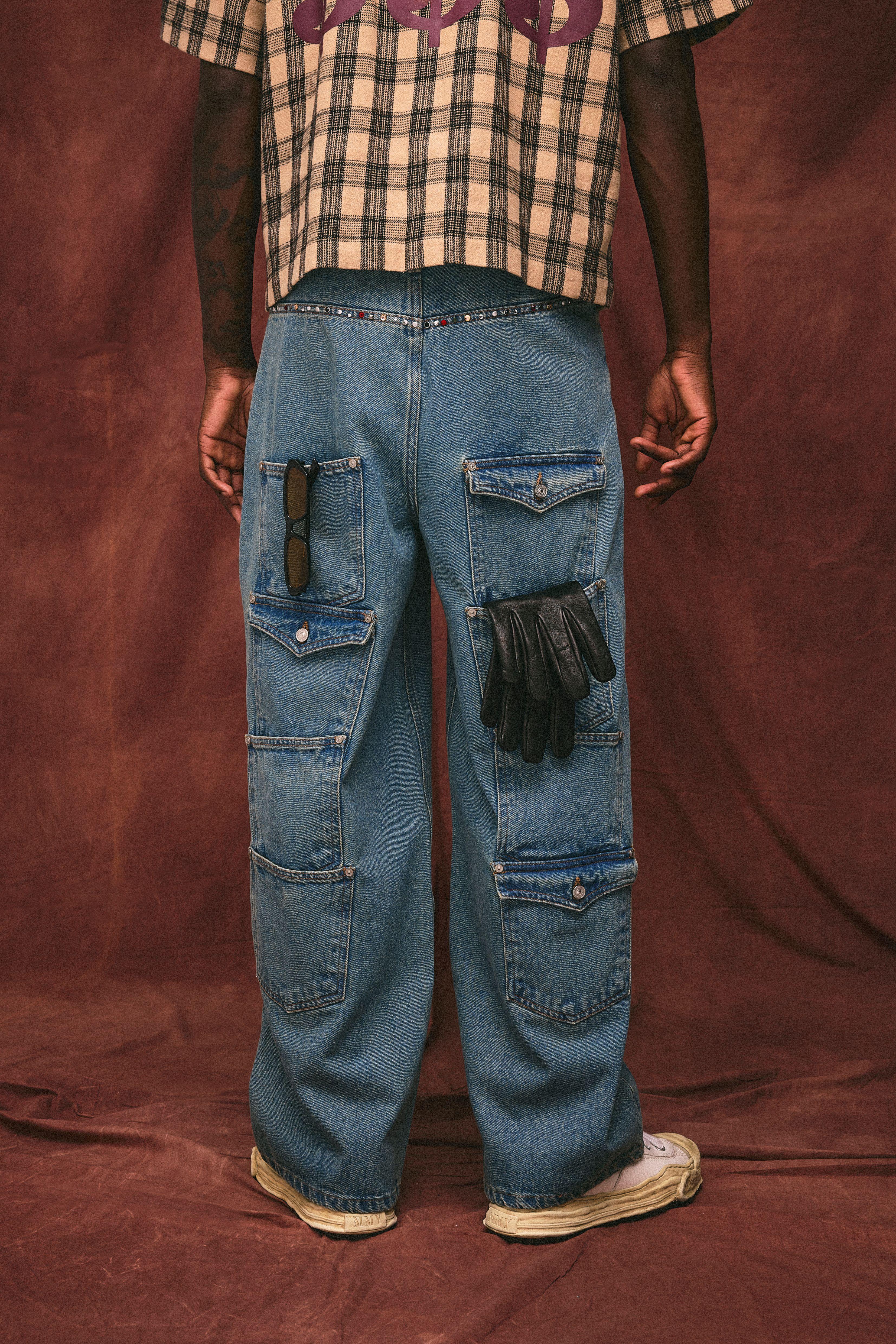 Embellished Trim Multi Pocket Baggy Jeans by BOOHOOMAN