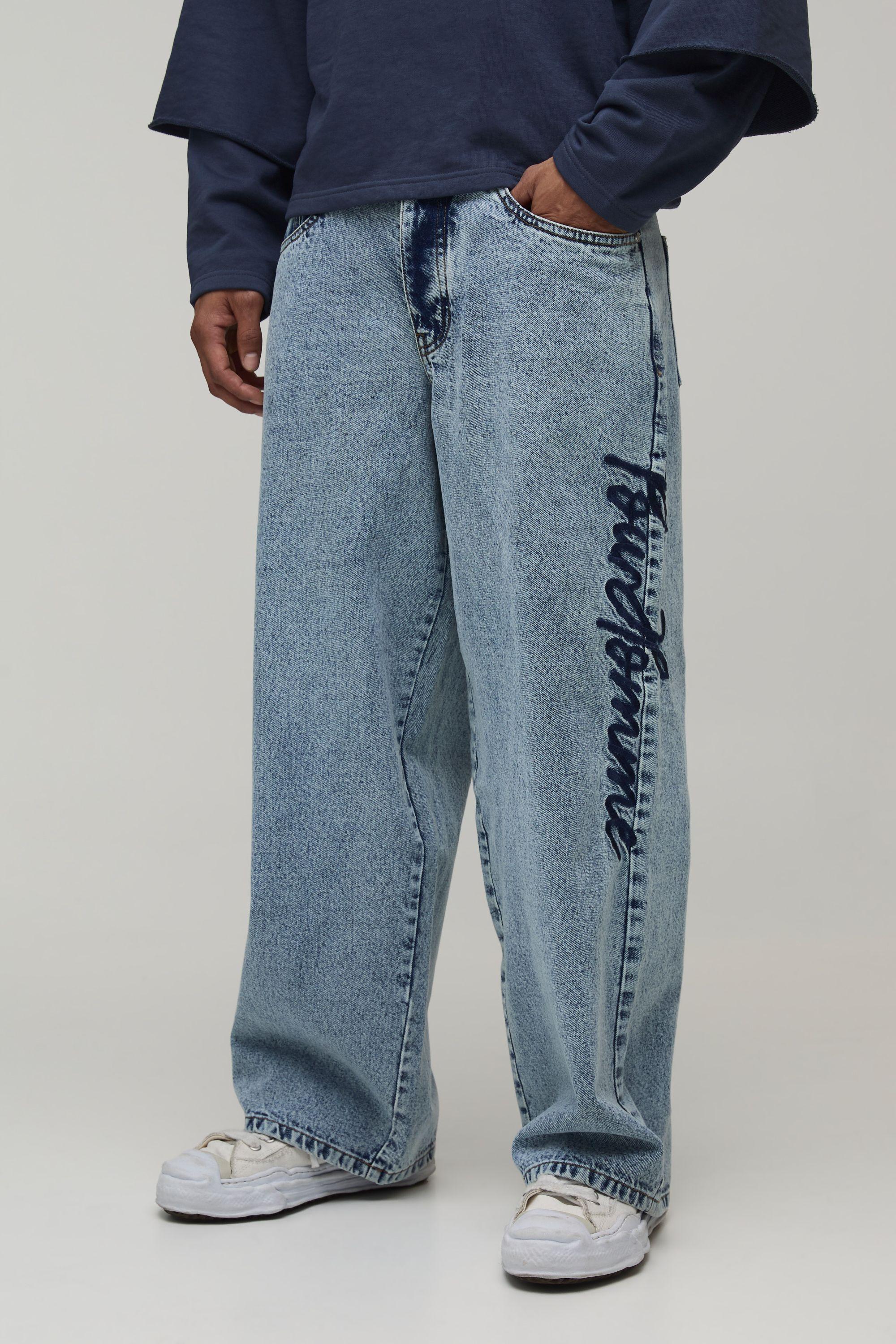 Embroidered Acid Wash Baggy Jeans by BOOHOOMAN