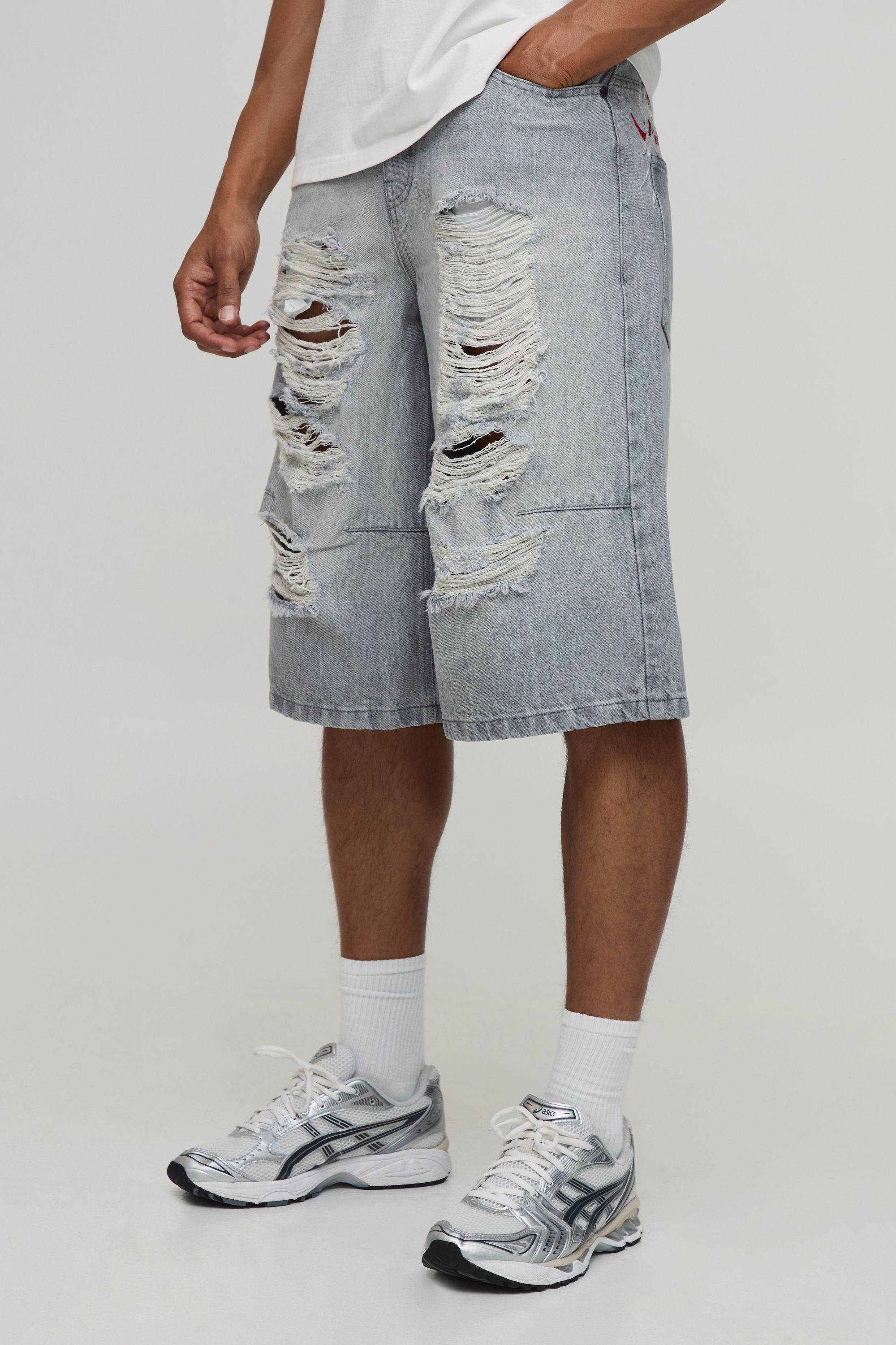 Embroidered Ripped Longline Jorts by BOOHOOMAN