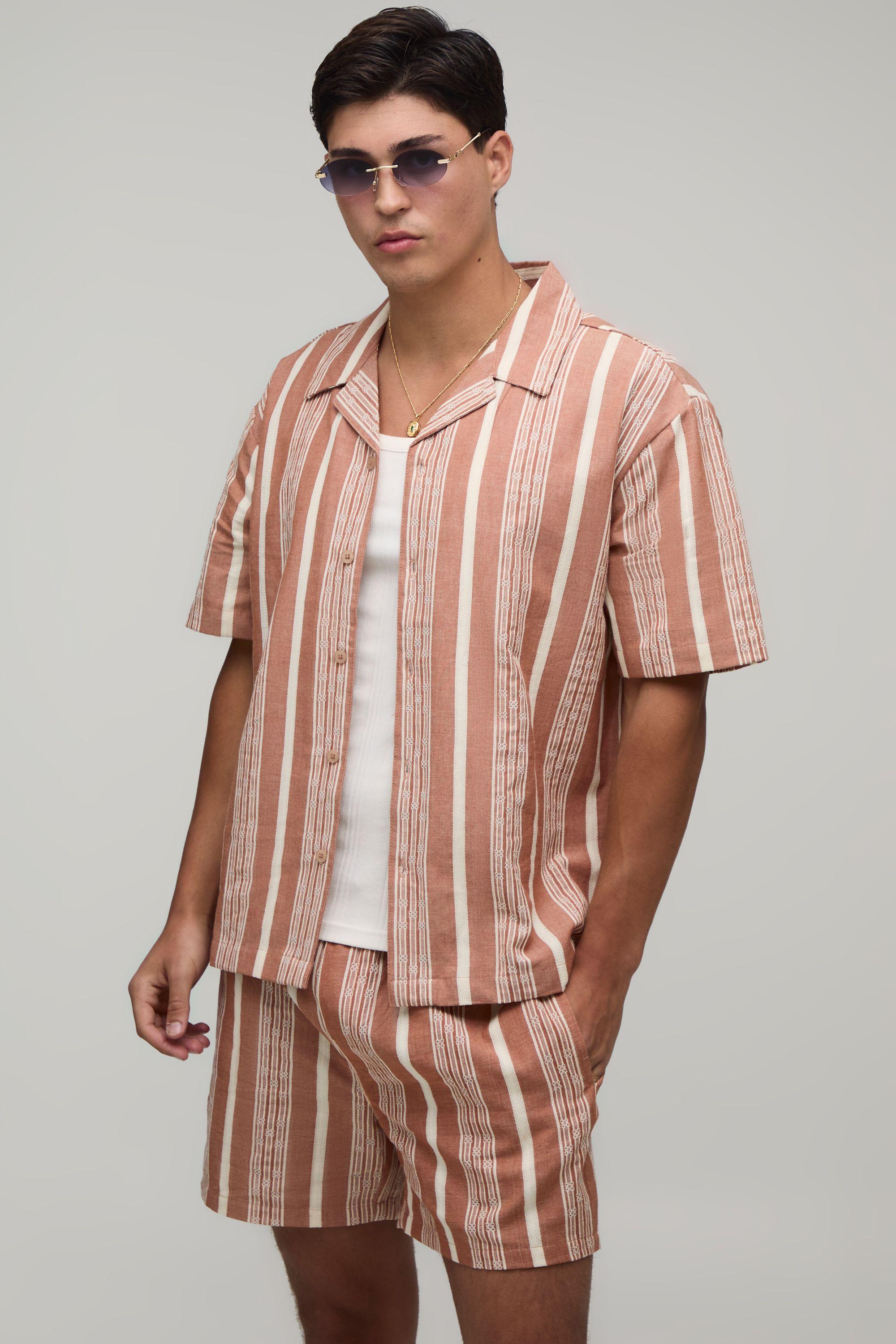 Embroidered Stripe Line Oversized Shirt & Relaxed Short Set by BOOHOOMAN