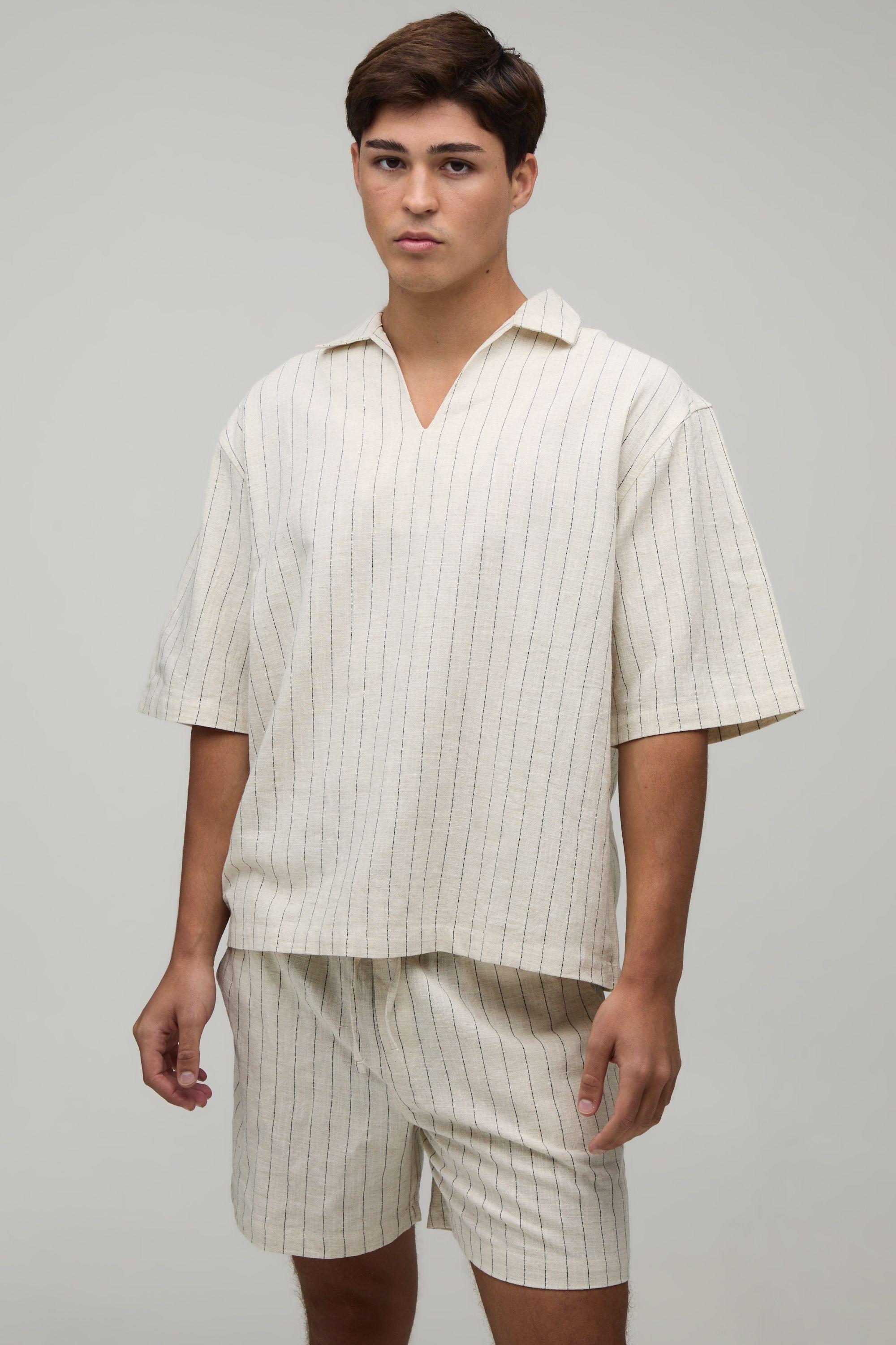 Embroidered Stripe Linen  Oversized V Neck Half Sleeve & Relaxed Short Set by BOOHOOMAN