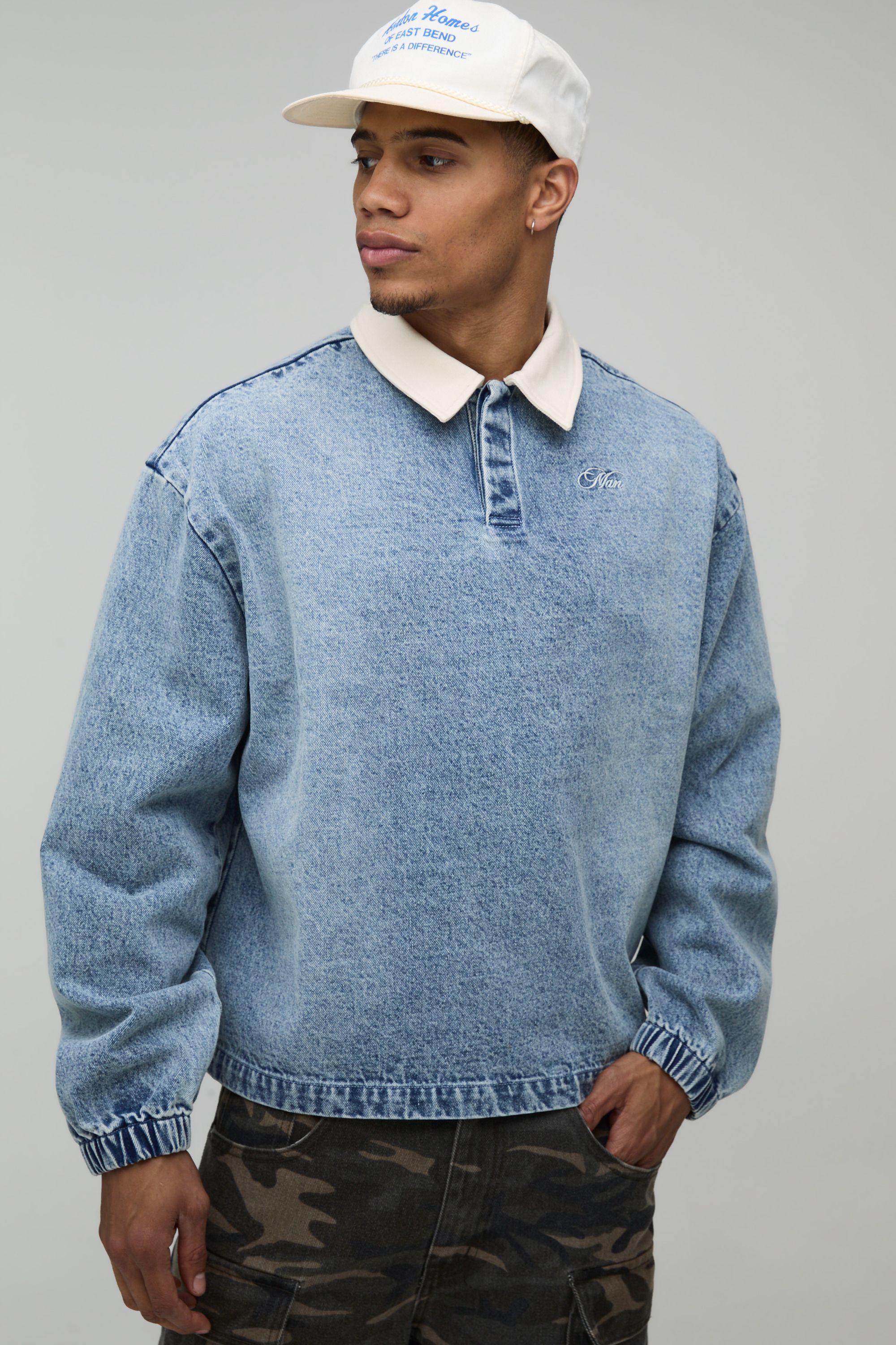 Embroidered Washed Oversized Denim Rugby Shirt by BOOHOOMAN