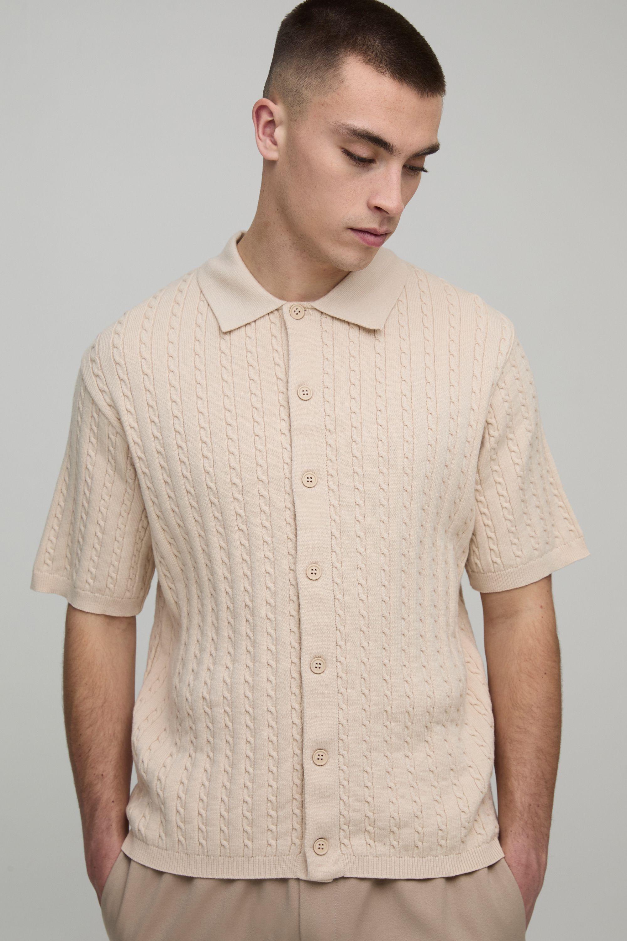 Essential Boxy Fit Soft Touch Short Sleeve Cable Knitted Shirt by BOOHOOMAN