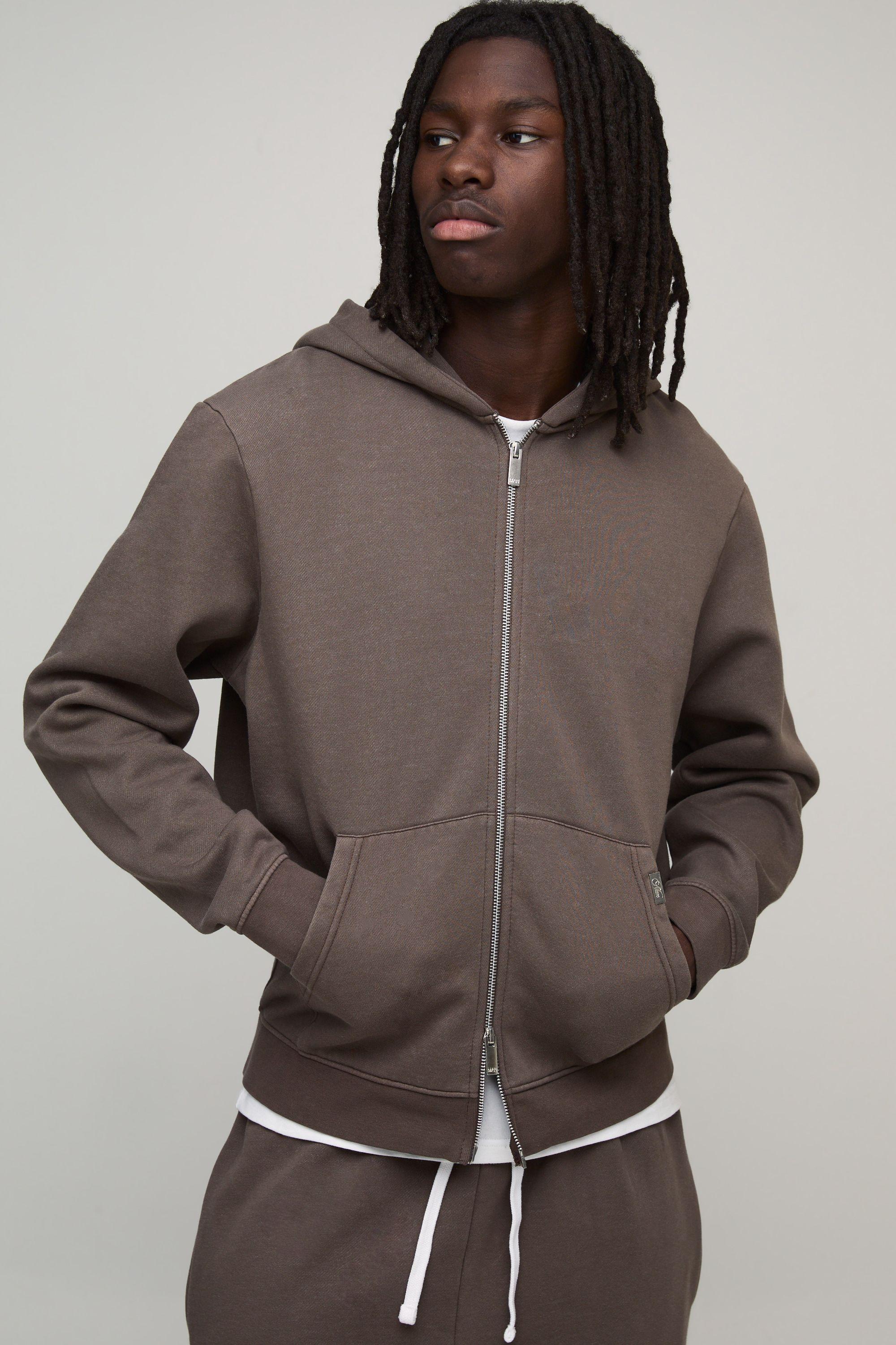 Essential Washed Boxy Zip Through Hoodie by BOOHOOMAN