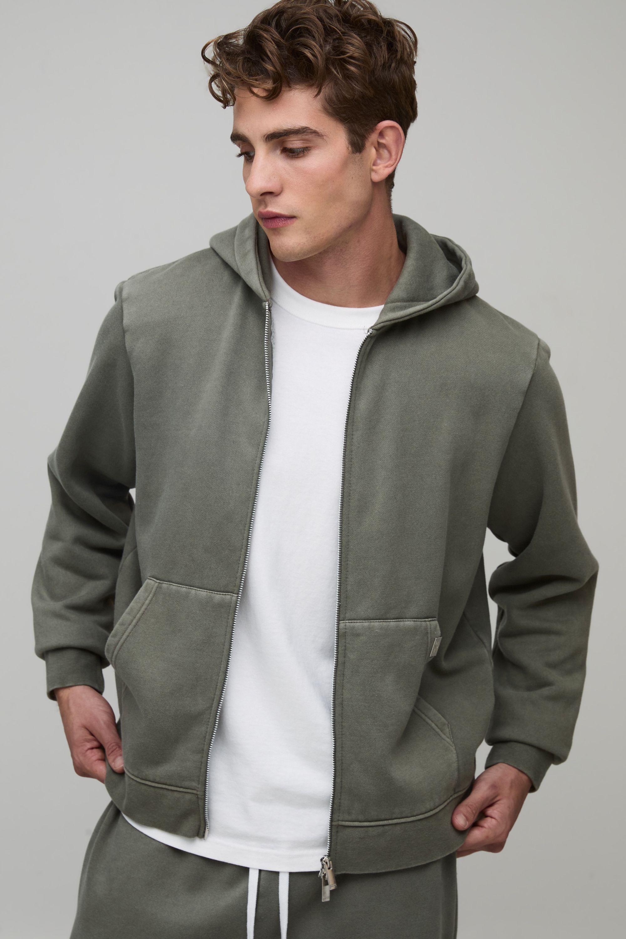 Essential Washed Boxy Zip Through Hoodie by BOOHOOMAN