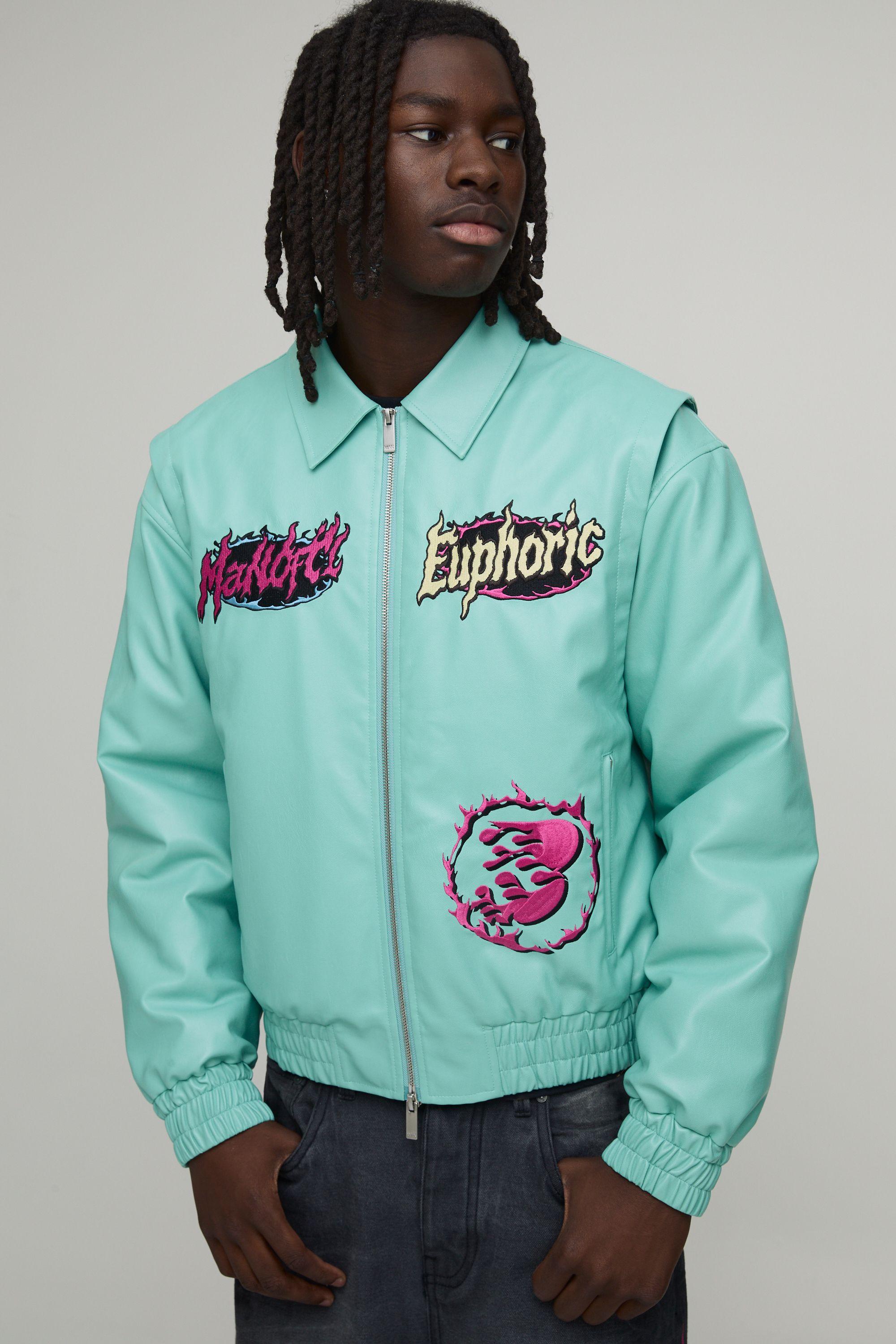 Euphoric Graphic PU Applique Varsity Jacket by BOOHOOMAN
