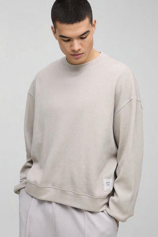 Extended Neck Boxy Man Woven Tab Waffle Sweatshirt by BOOHOOMAN