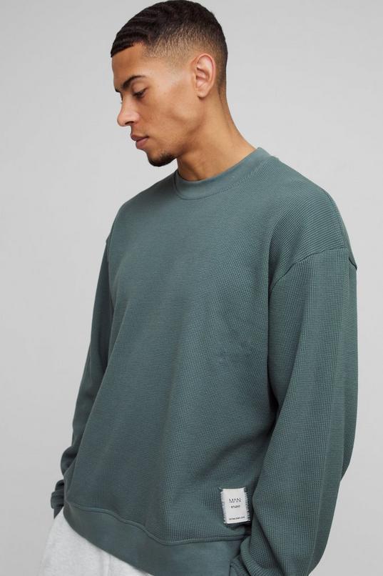 Extended Neck Boxy Man Woven Tab Waffle Sweatshirt by BOOHOOMAN