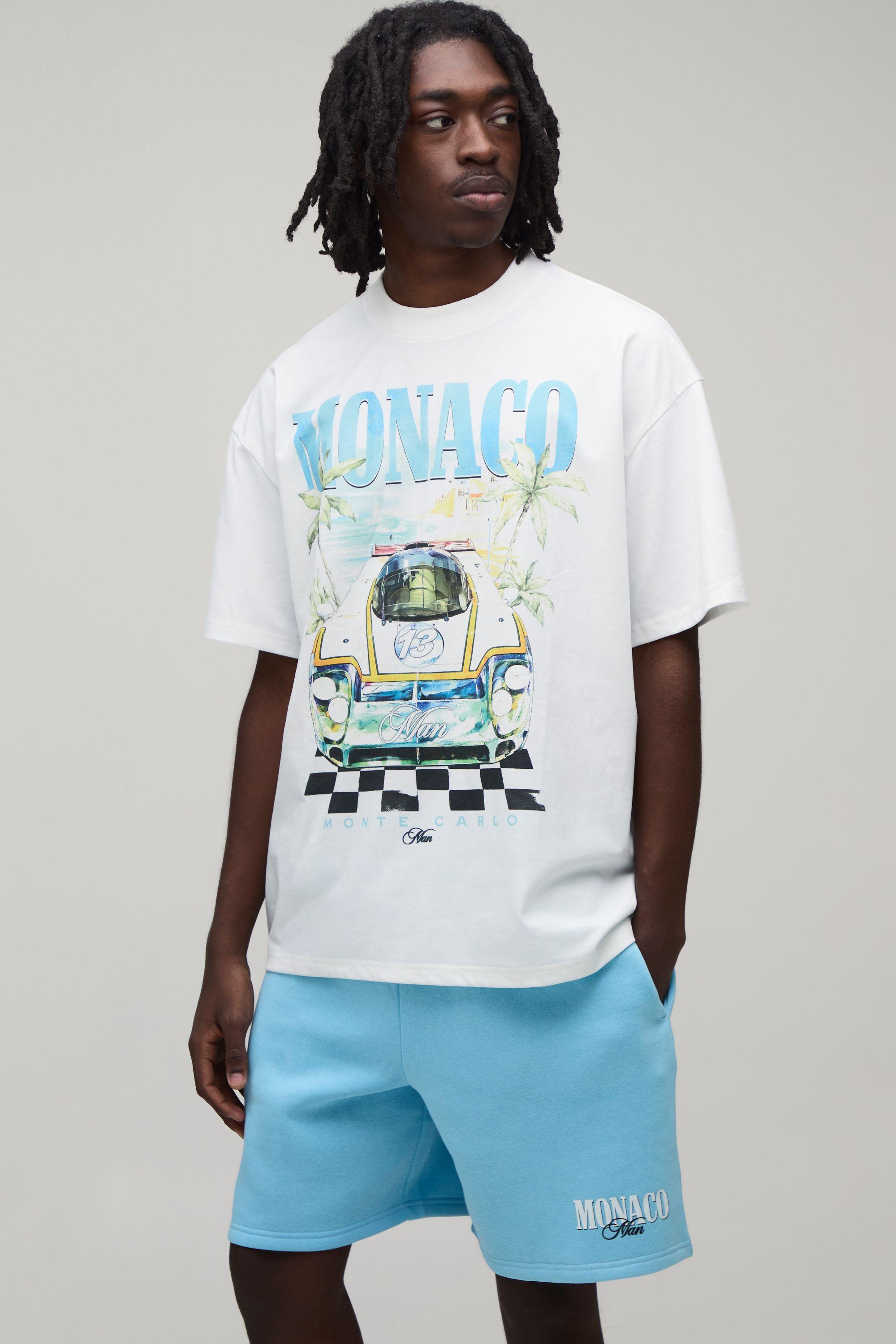 Extended Neck Oversized Monaco Printed Moto T-Shirt & Baggy Short Set by BOOHOOMAN