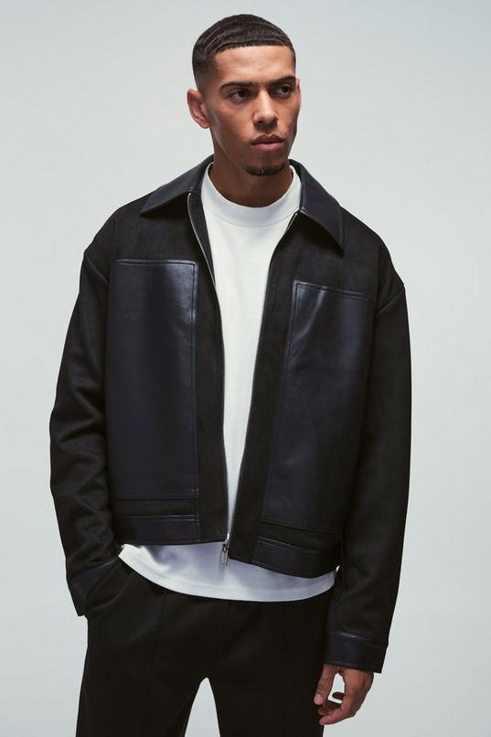 Faux Suede Smart Harrington Jacket with PU Panels in Black by BOOHOOMAN