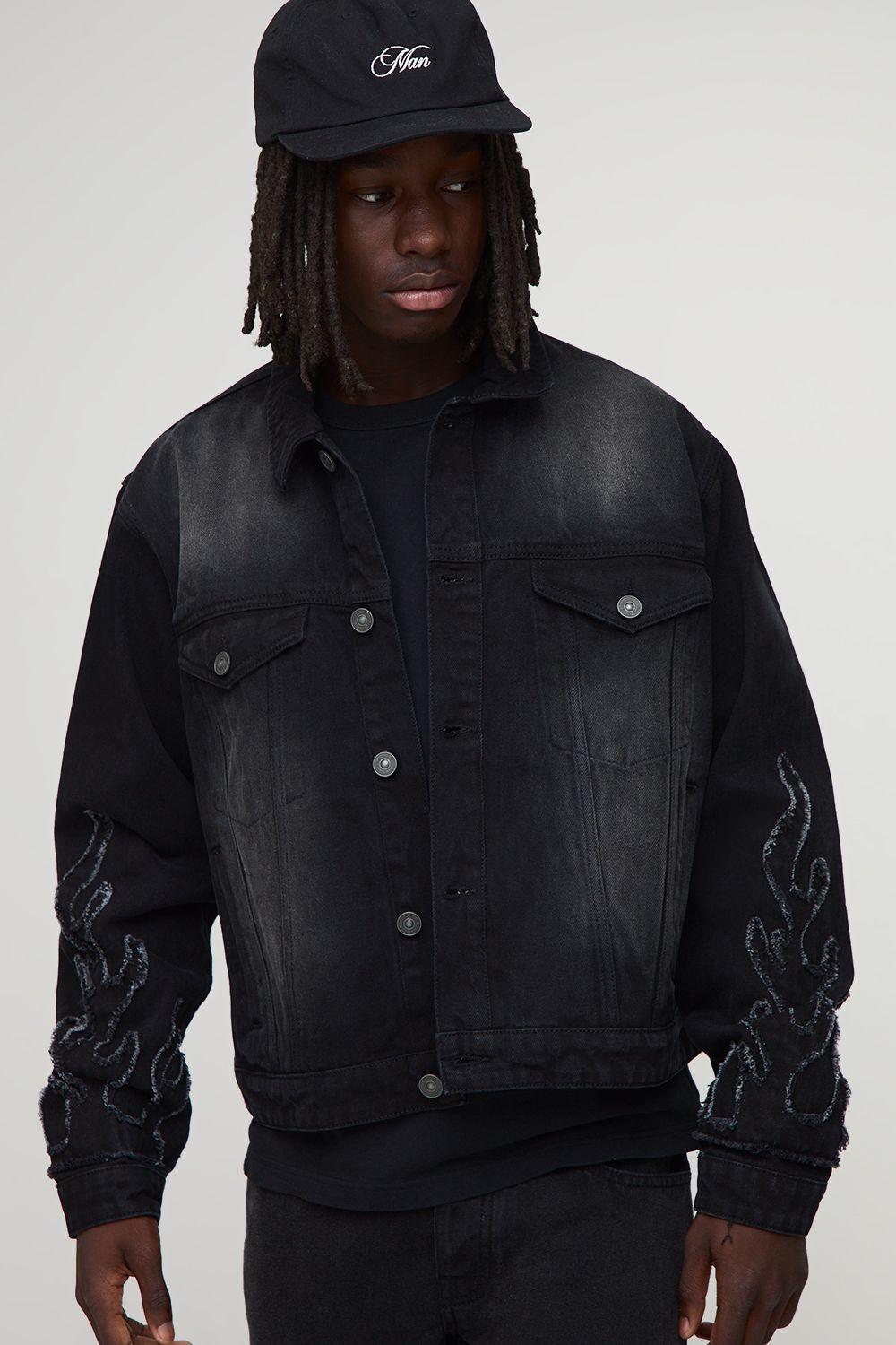 Flame Applique Regular Fit Denim Jacket by BOOHOOMAN