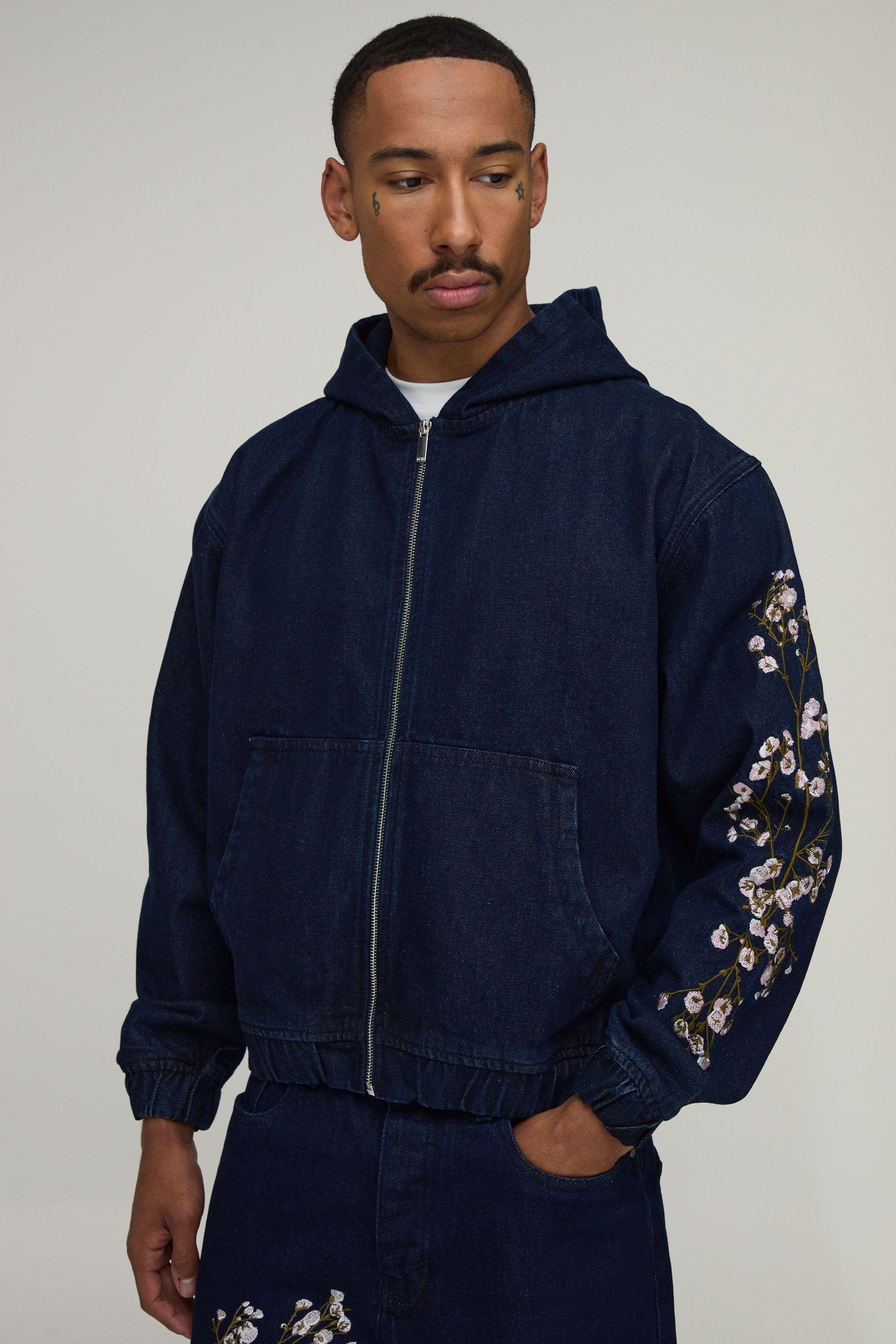 Floral Embroidered Boxy Denim Hoodie by BOOHOOMAN