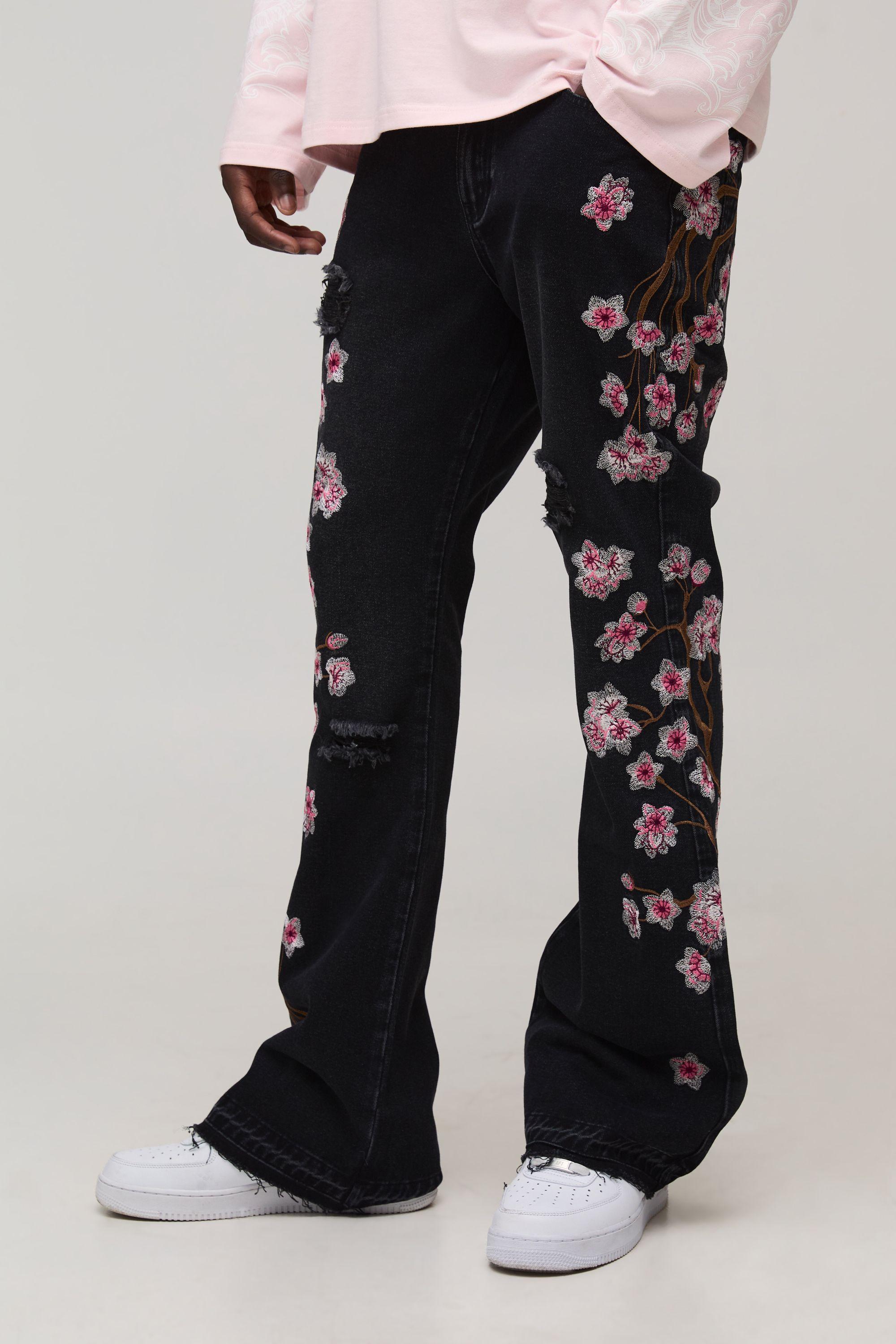 Floral Embroidered Distressed Let Down Hem Flared Jeans by BOOHOOMAN
