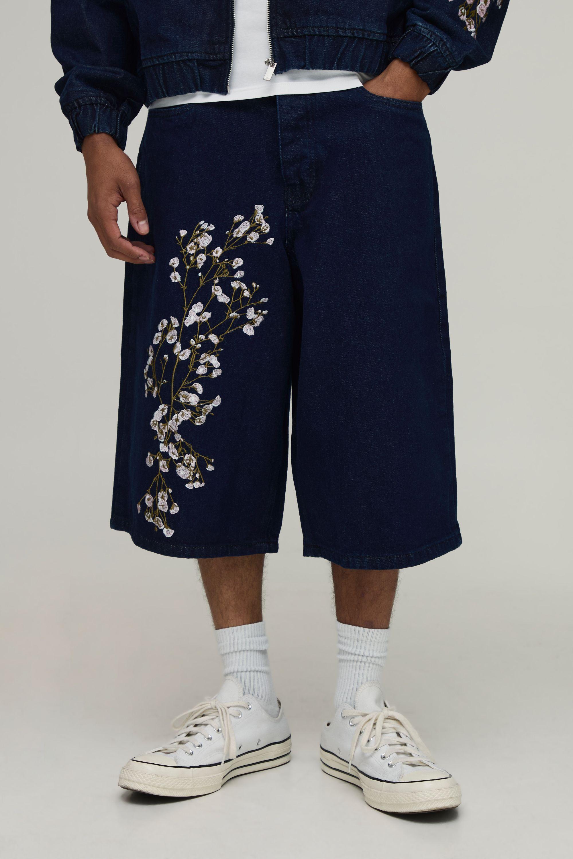 Floral Embroidered Longline Denim Jorts by BOOHOOMAN