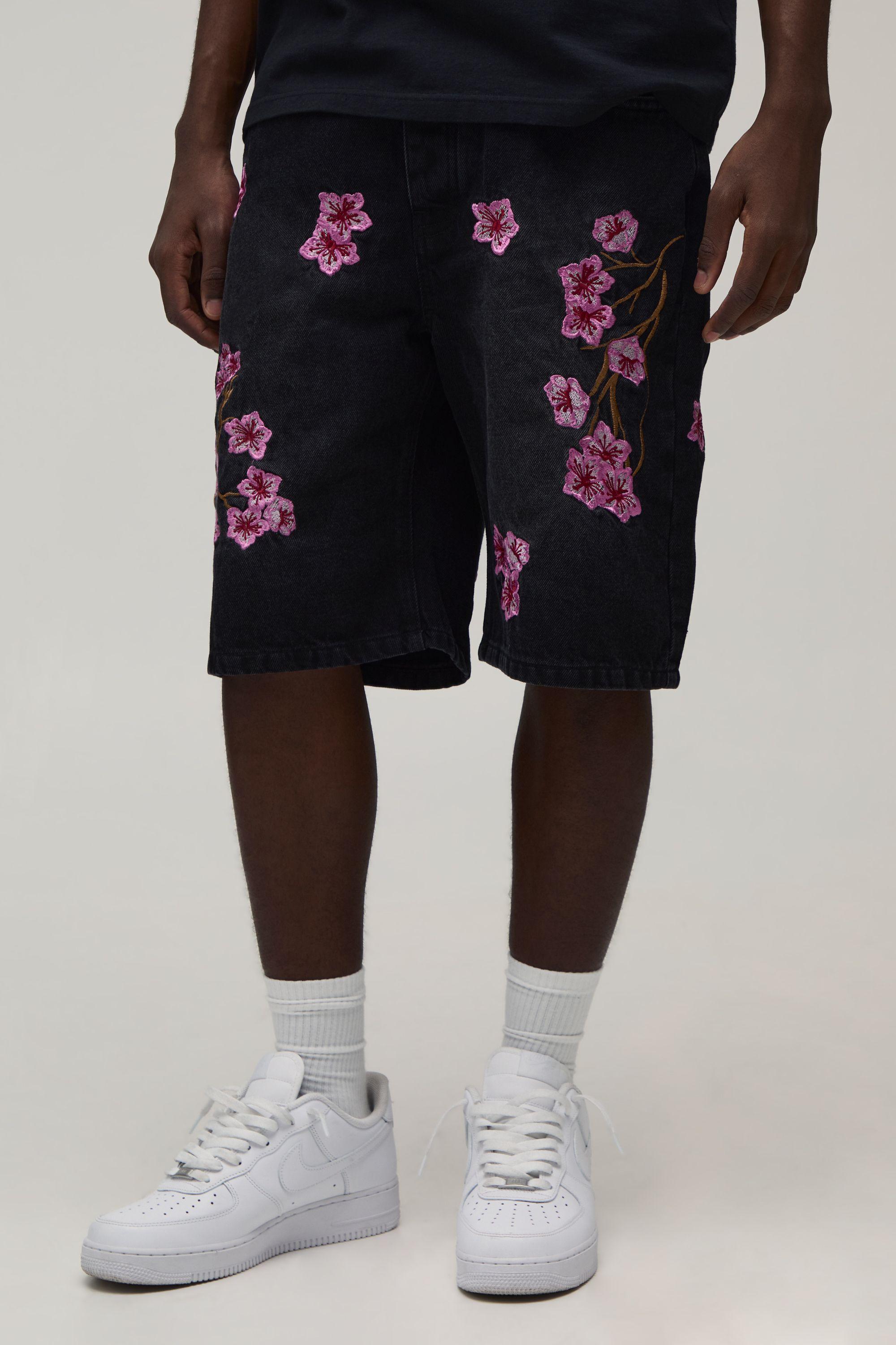 Floral Embroidered Relaxed Denim Shorts by BOOHOOMAN