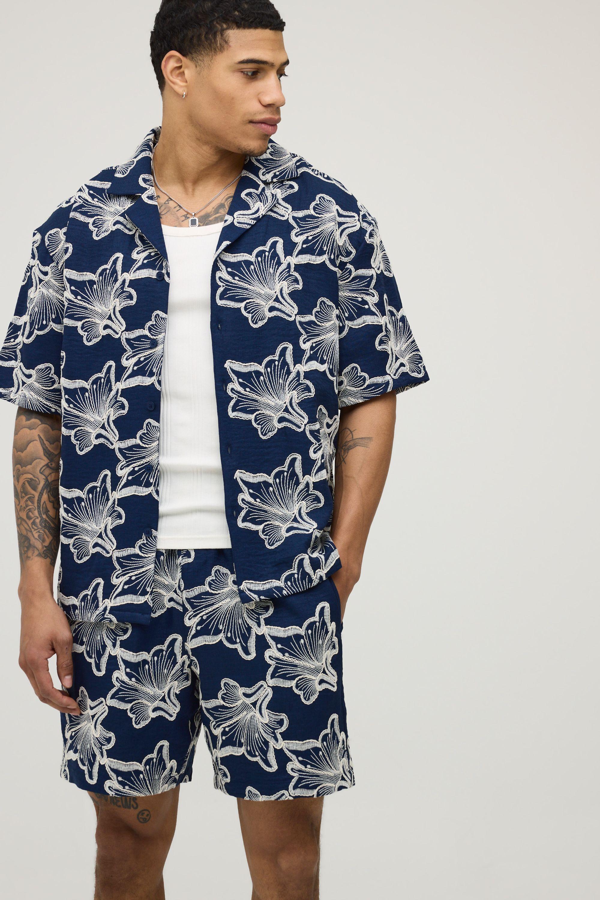 Floral Embroidered Revere Shirt & Relaxed Short Set by BOOHOOMAN