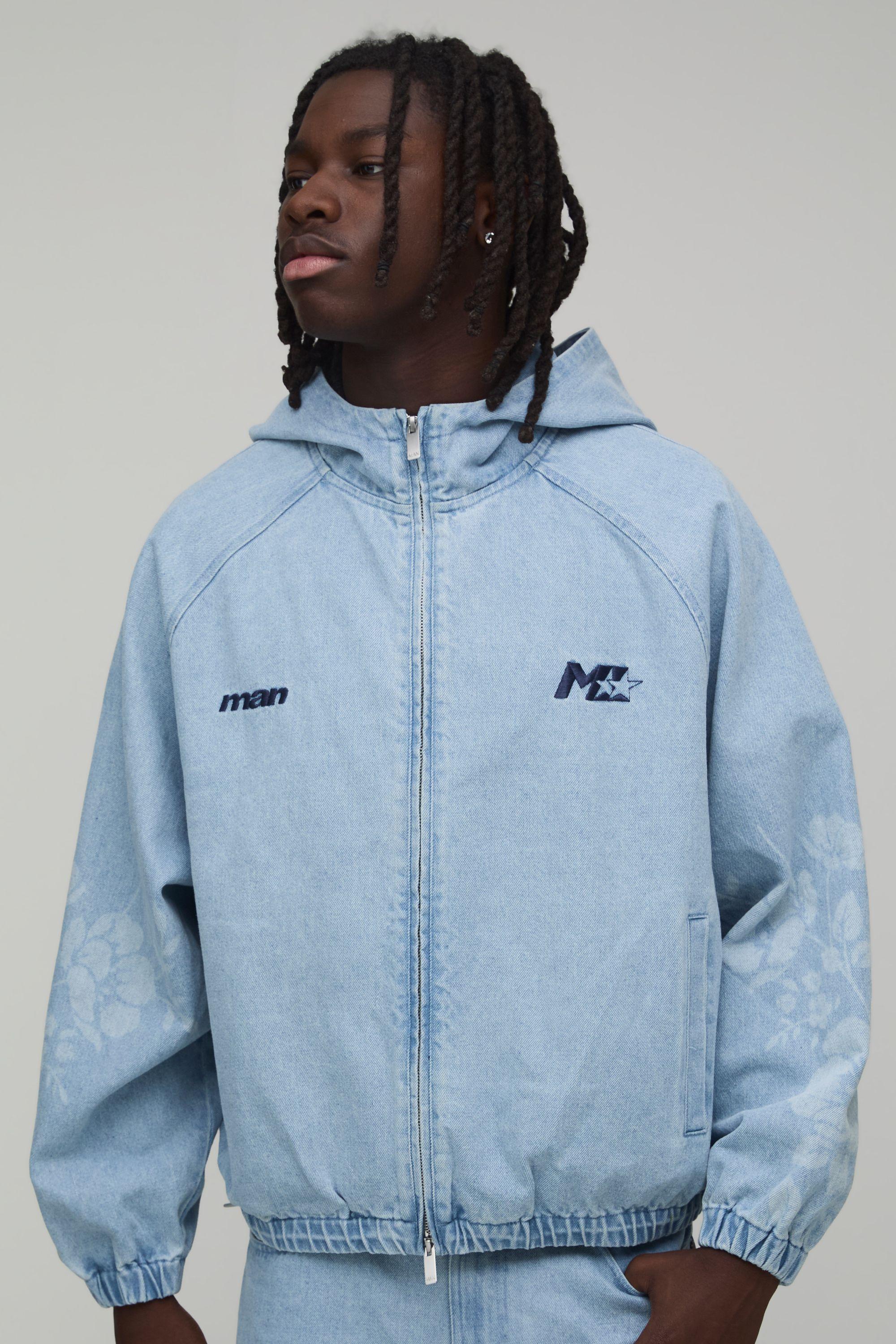 Floral Football Embroidered Denim Hoodie by BOOHOOMAN