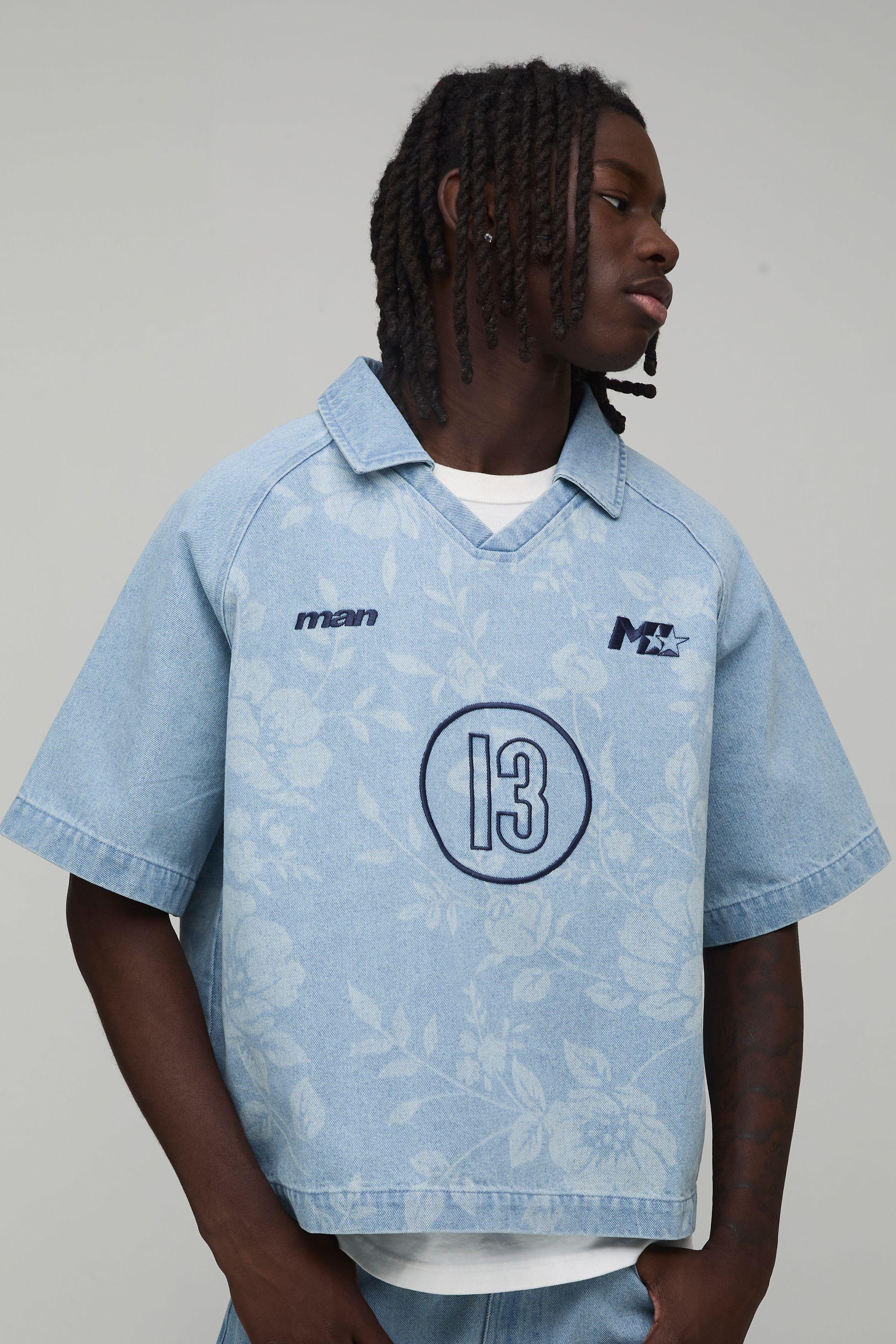 Floral Football Embroidered Denim Shirt by BOOHOOMAN
