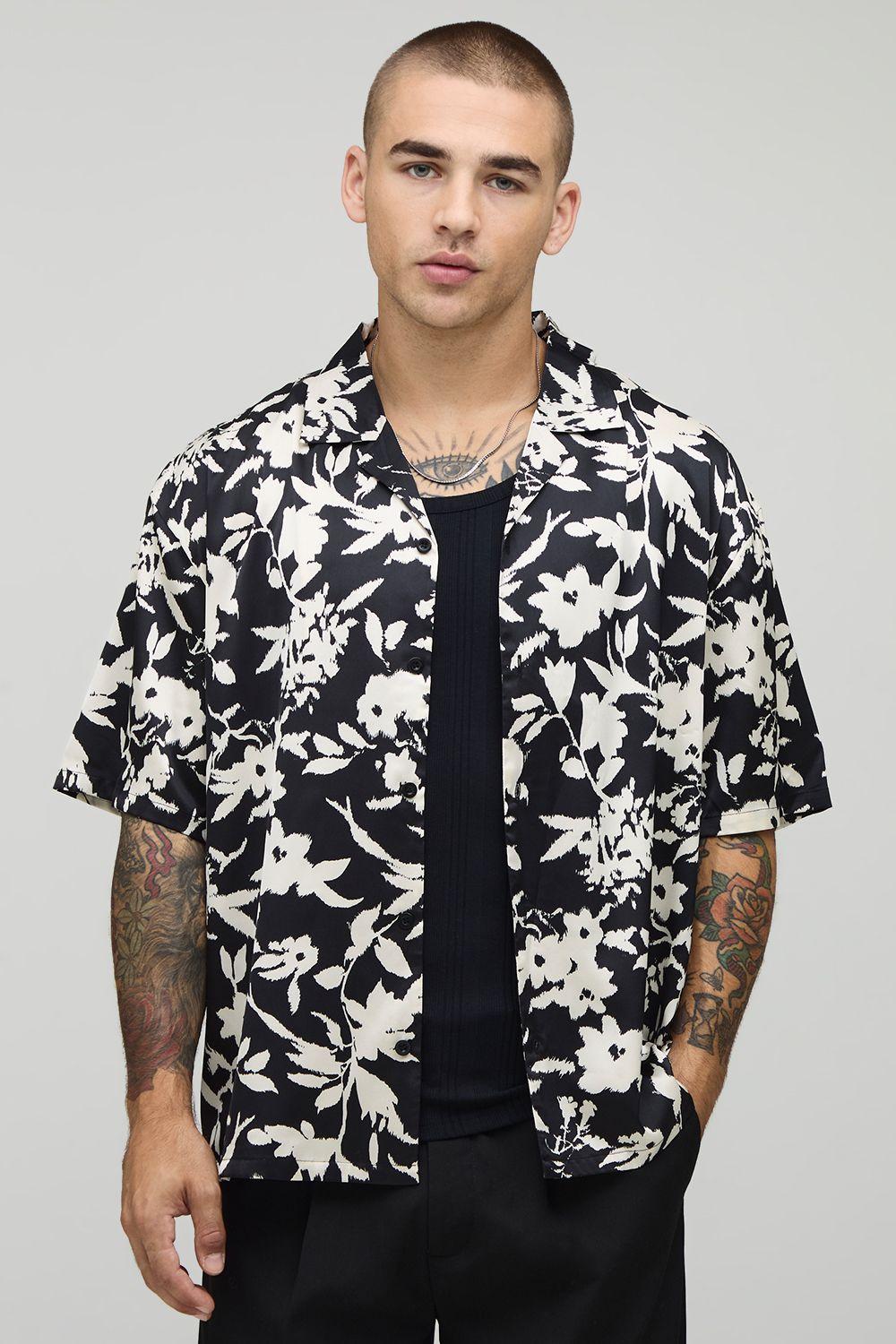 Floral Mono Print Short Sleeve Oversized Shirt by BOOHOOMAN