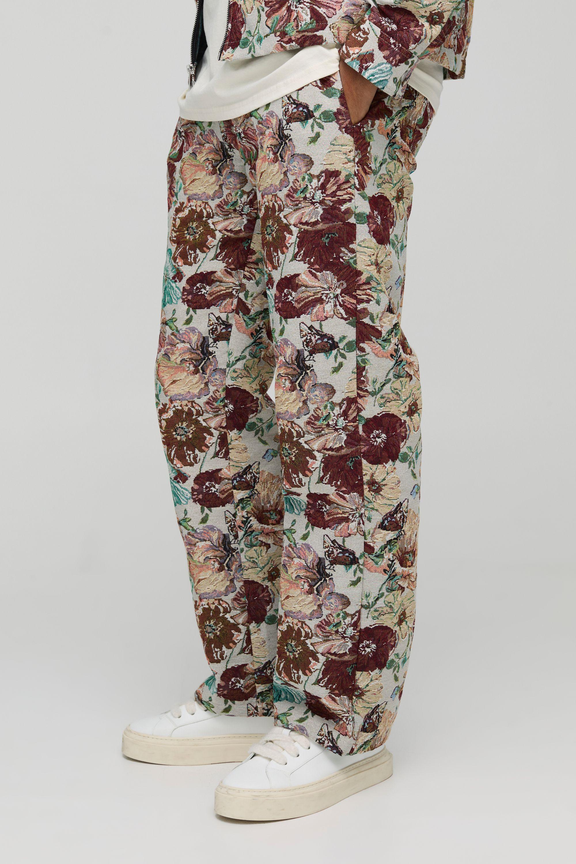 Floral Tapestry Fixed Waist Relaxed Fit Trousers by BOOHOOMAN