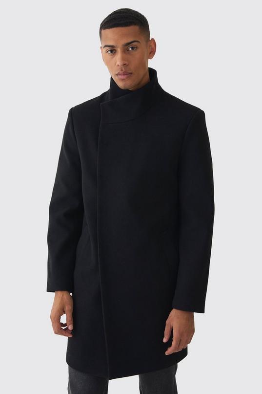 Funnel Neck Wool Look Overcoat in Black by BOOHOOMAN