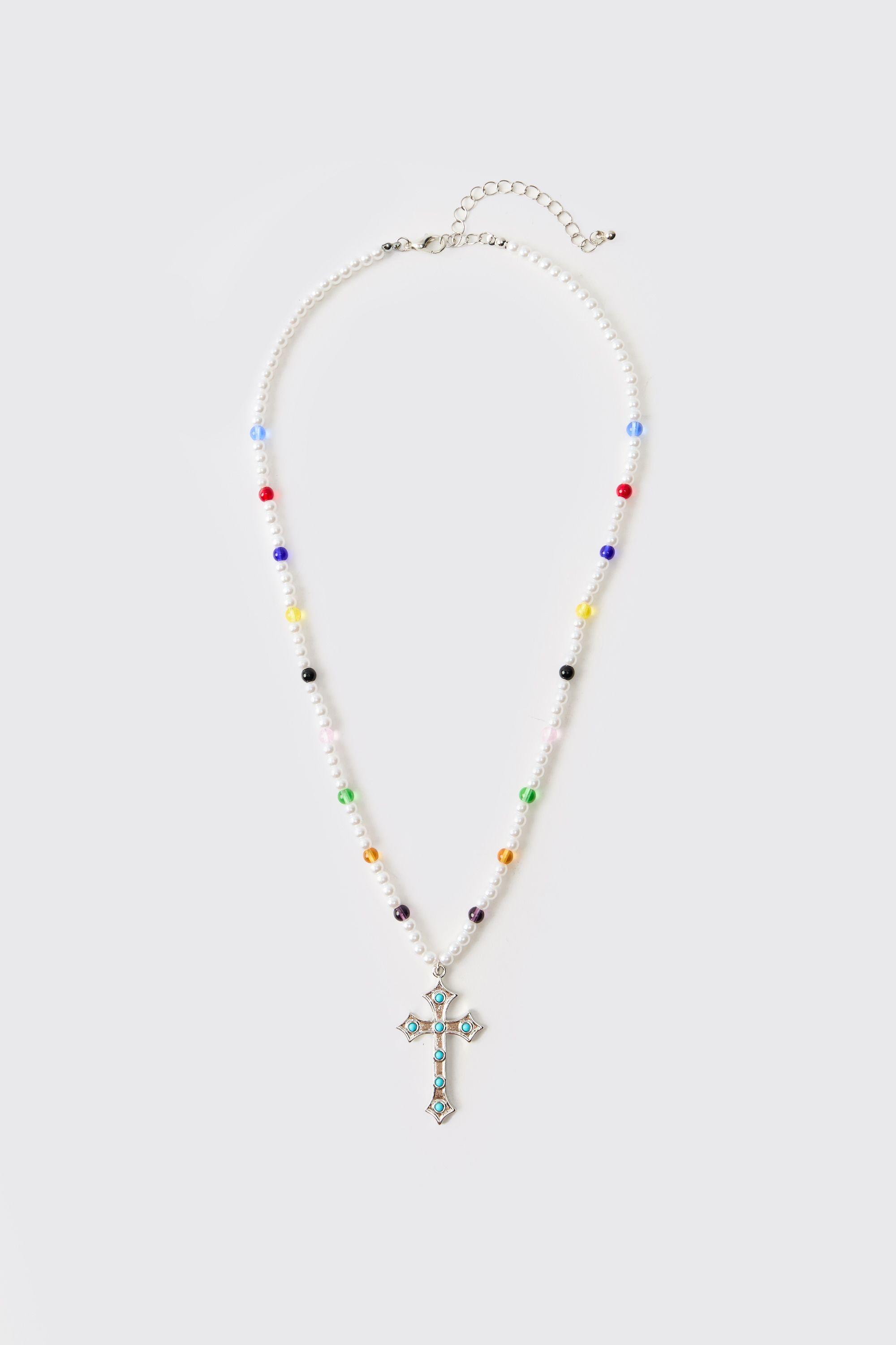 Gem and Cross Mock Pearl Necklace by BOOHOOMAN