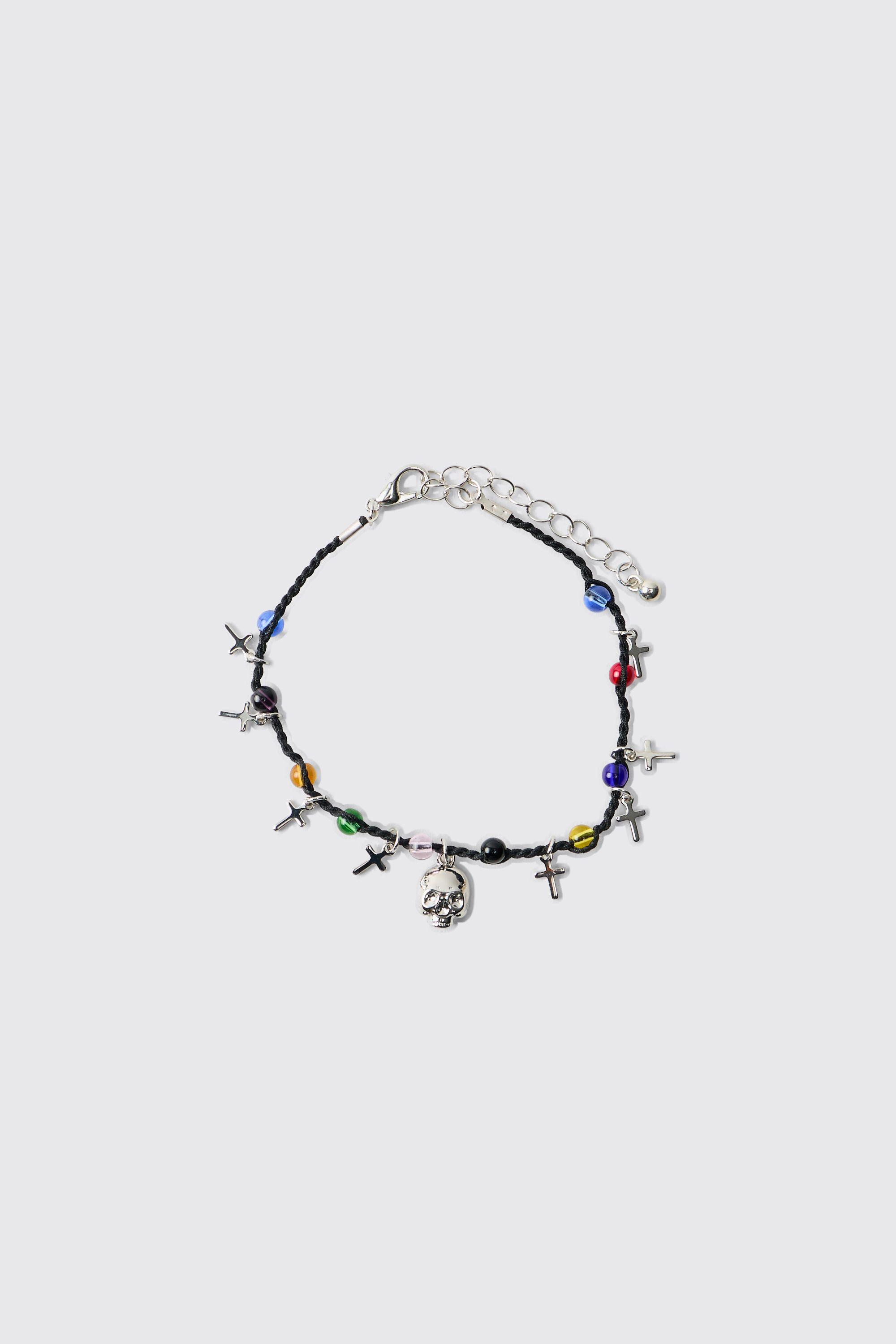 Gem and Skull Cross Mock Pearl Bracelet by BOOHOOMAN