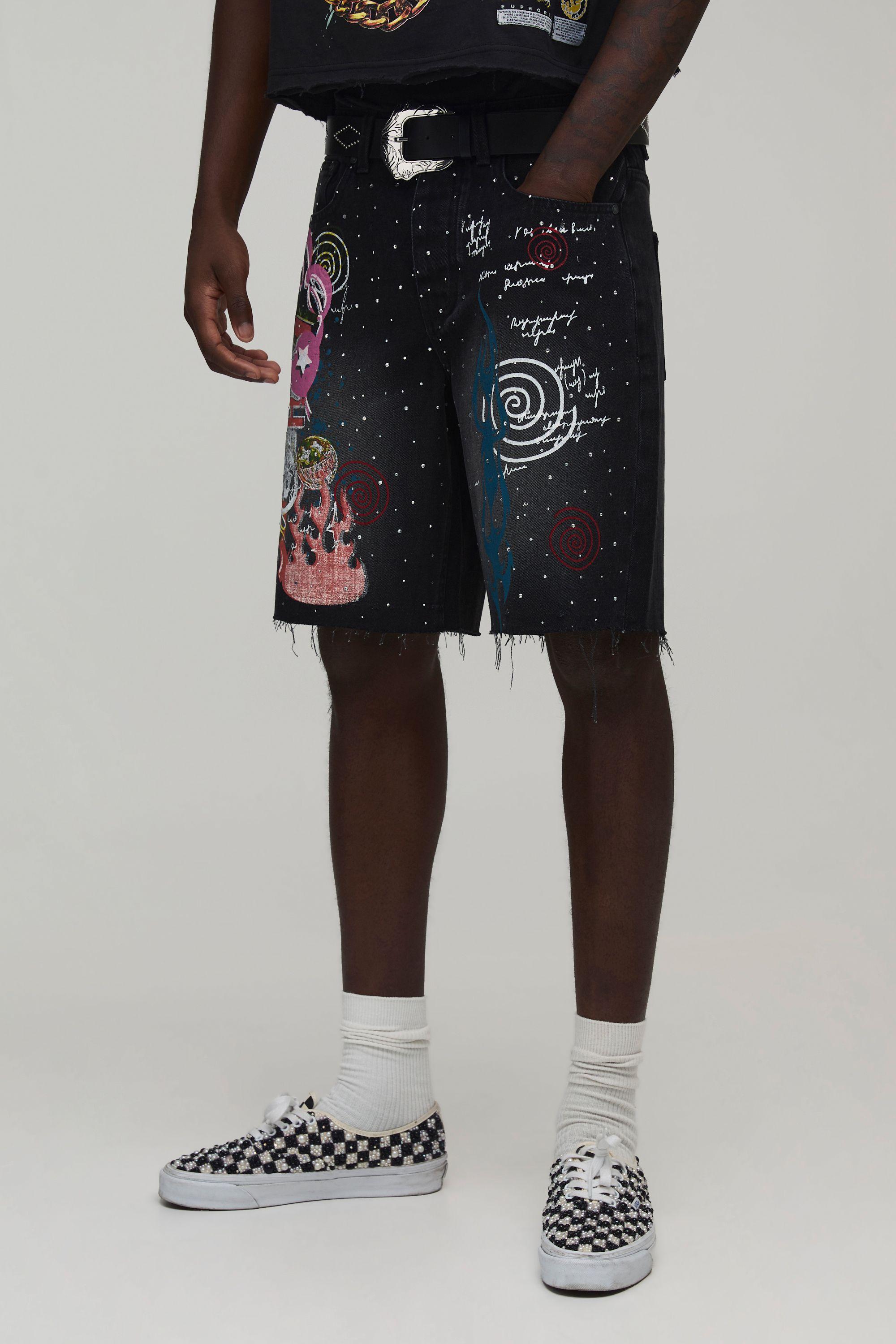 Graffiti Embellished Relaxed Fit Denim Shorts by BOOHOOMAN