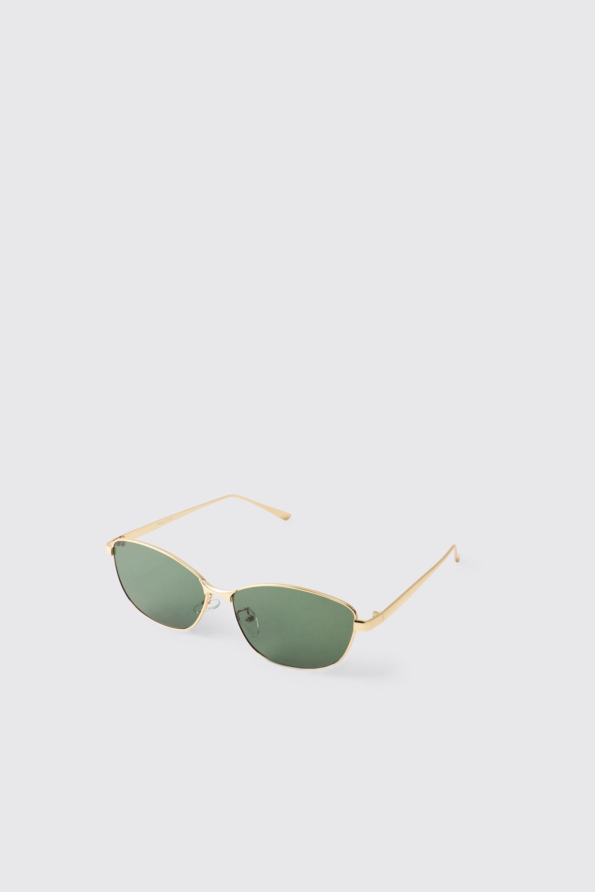 Green Metal Trim Oval Sunglasses by BOOHOOMAN