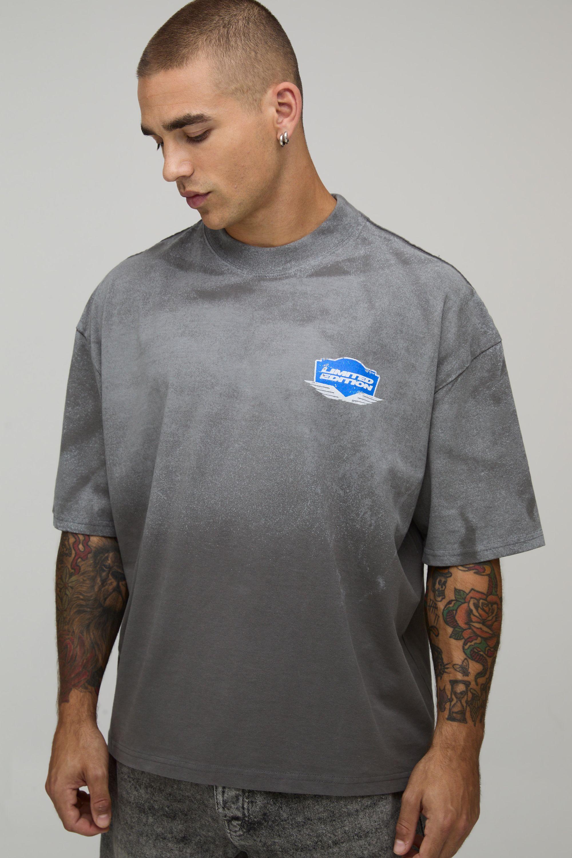 Grey Oversized Boxy Printed Spray Wash T-Shirt by BOOHOOMAN