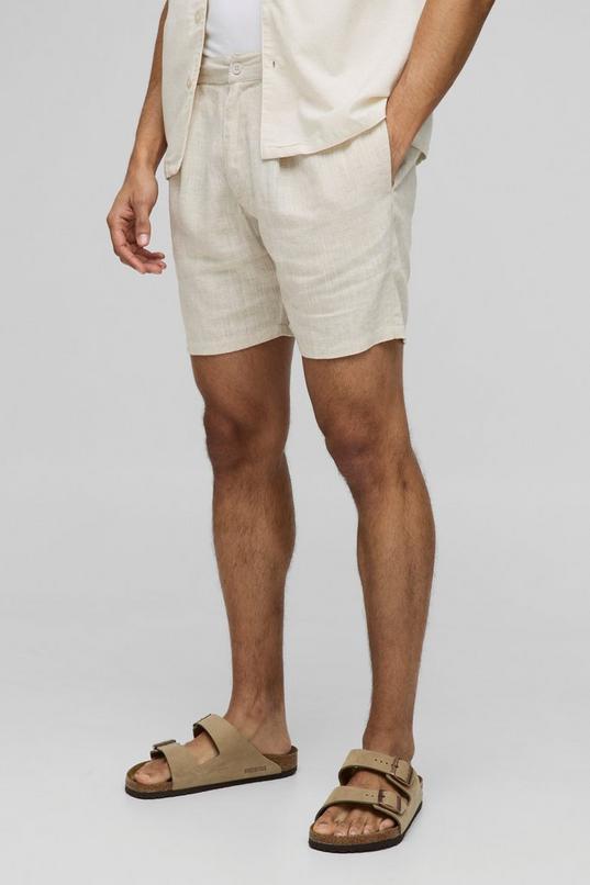 Half & Half Waistband Slim Fit Pleat Front Linen Blend Shorts by BOOHOOMAN
