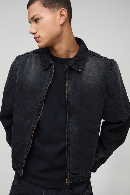 Harrington Washed Black Denim Jacket by BOOHOOMAN