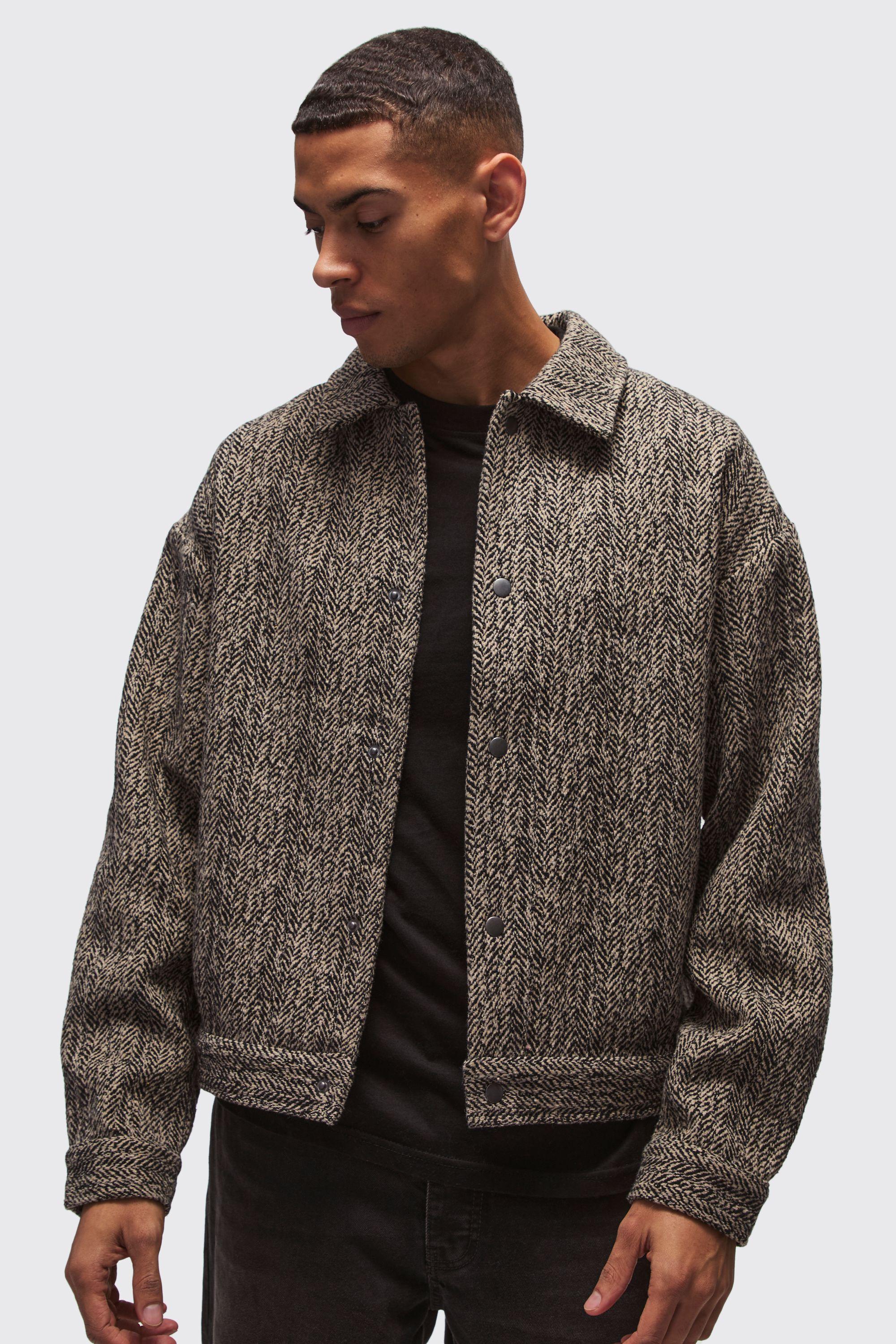 Heavyweight Boucle Herringbone Overshirt by BOOHOOMAN