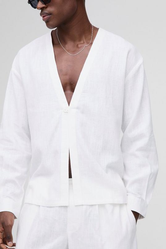 Heavyweight Linen Blend Collarless Long Sleeve Regular Fit Shirt by BOOHOOMAN