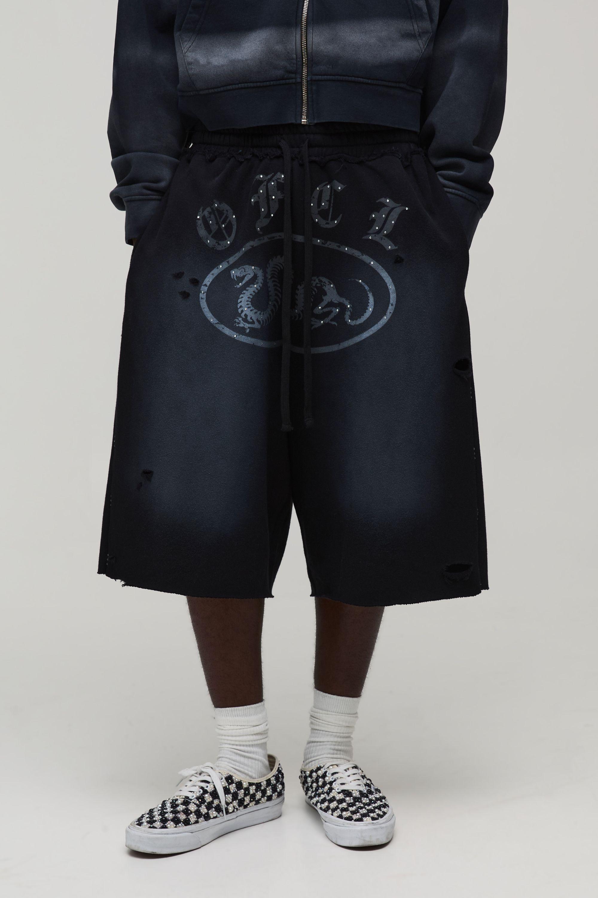 Heavyweight Washed Distressed Rhinestone Jersey Jort by BOOHOOMAN