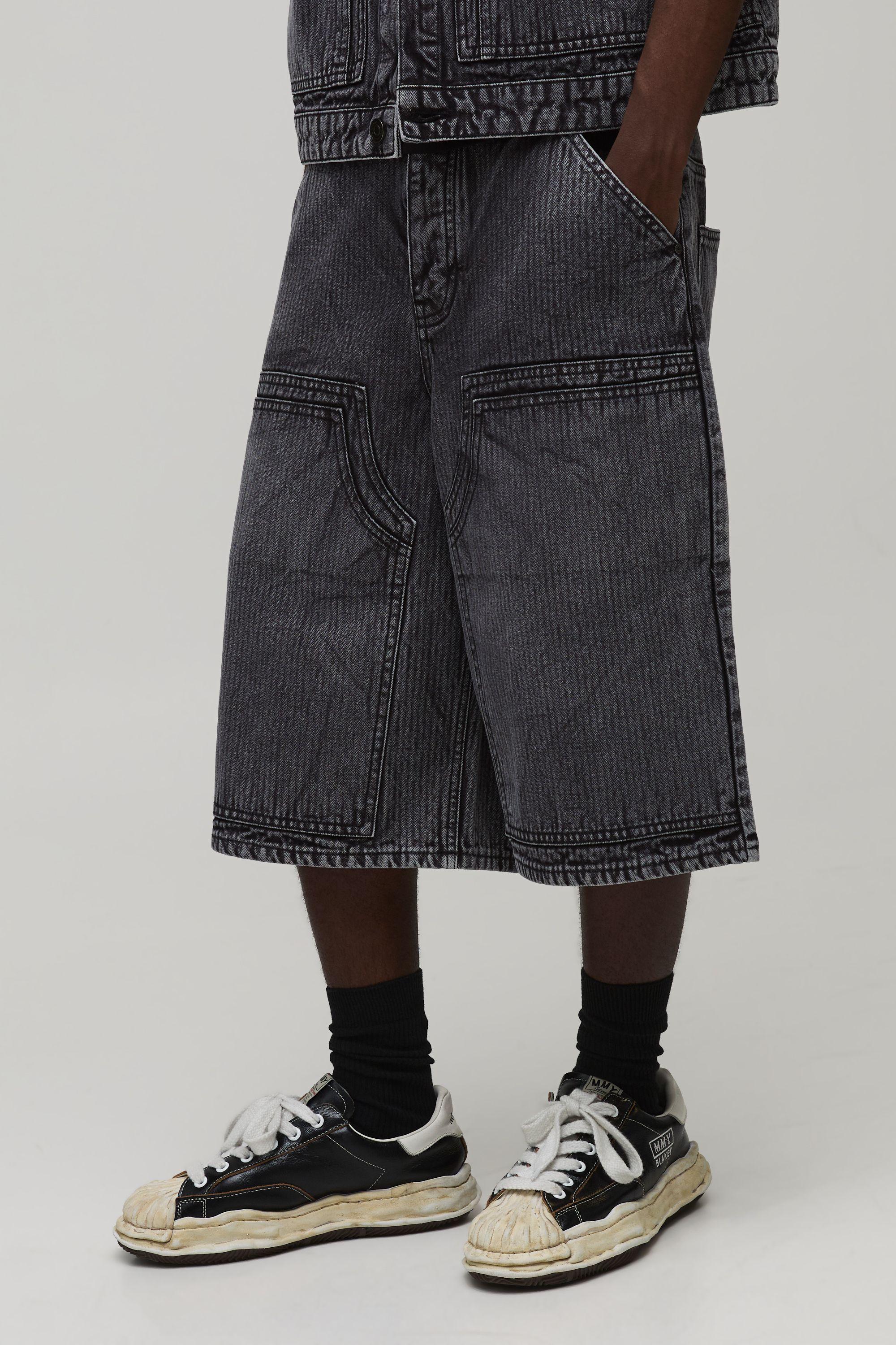 Herringbone Denim Double Carpenter Longline Jorts by BOOHOOMAN