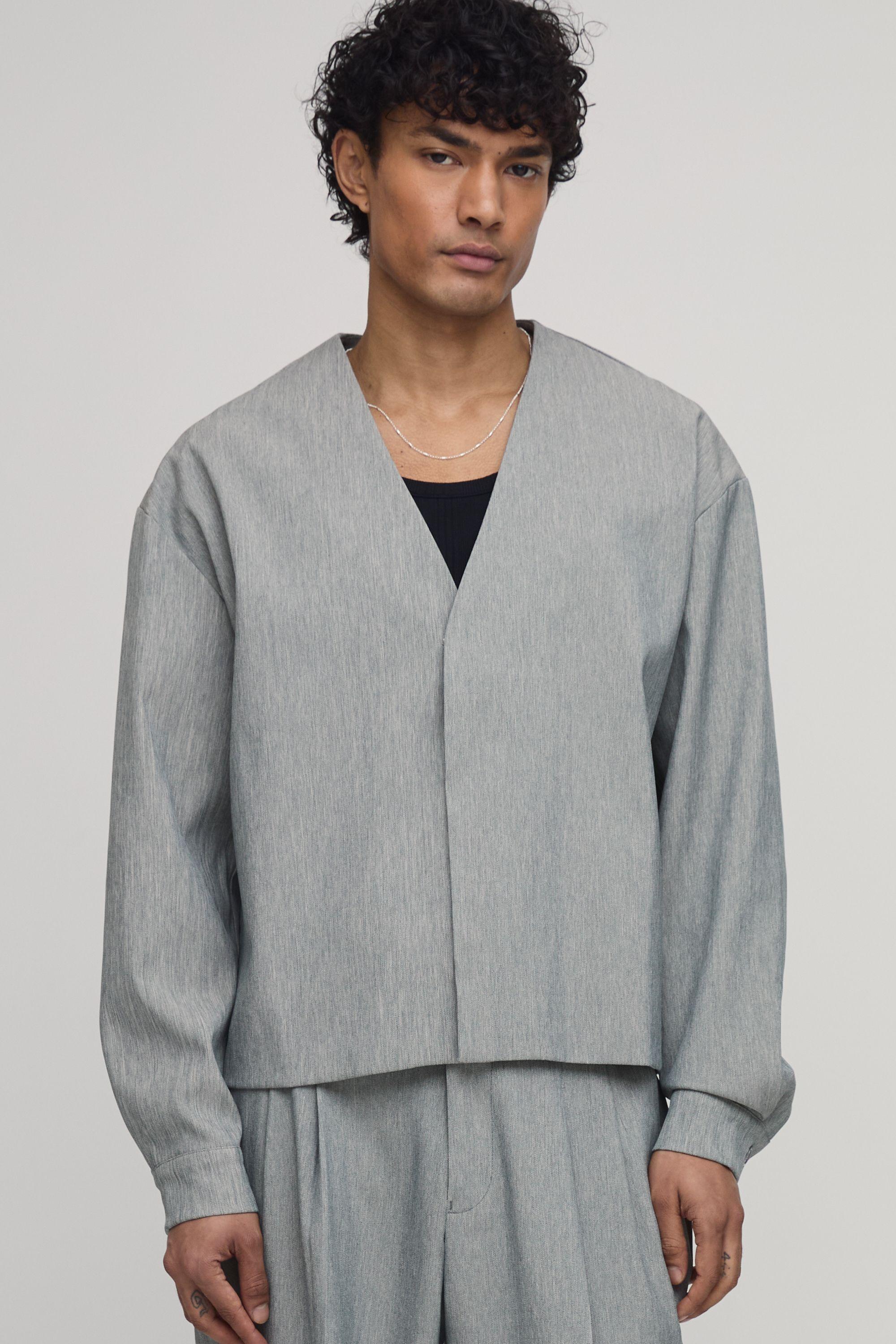 Herringbone Oversized Boxy Collarless Blazer by BOOHOOMAN