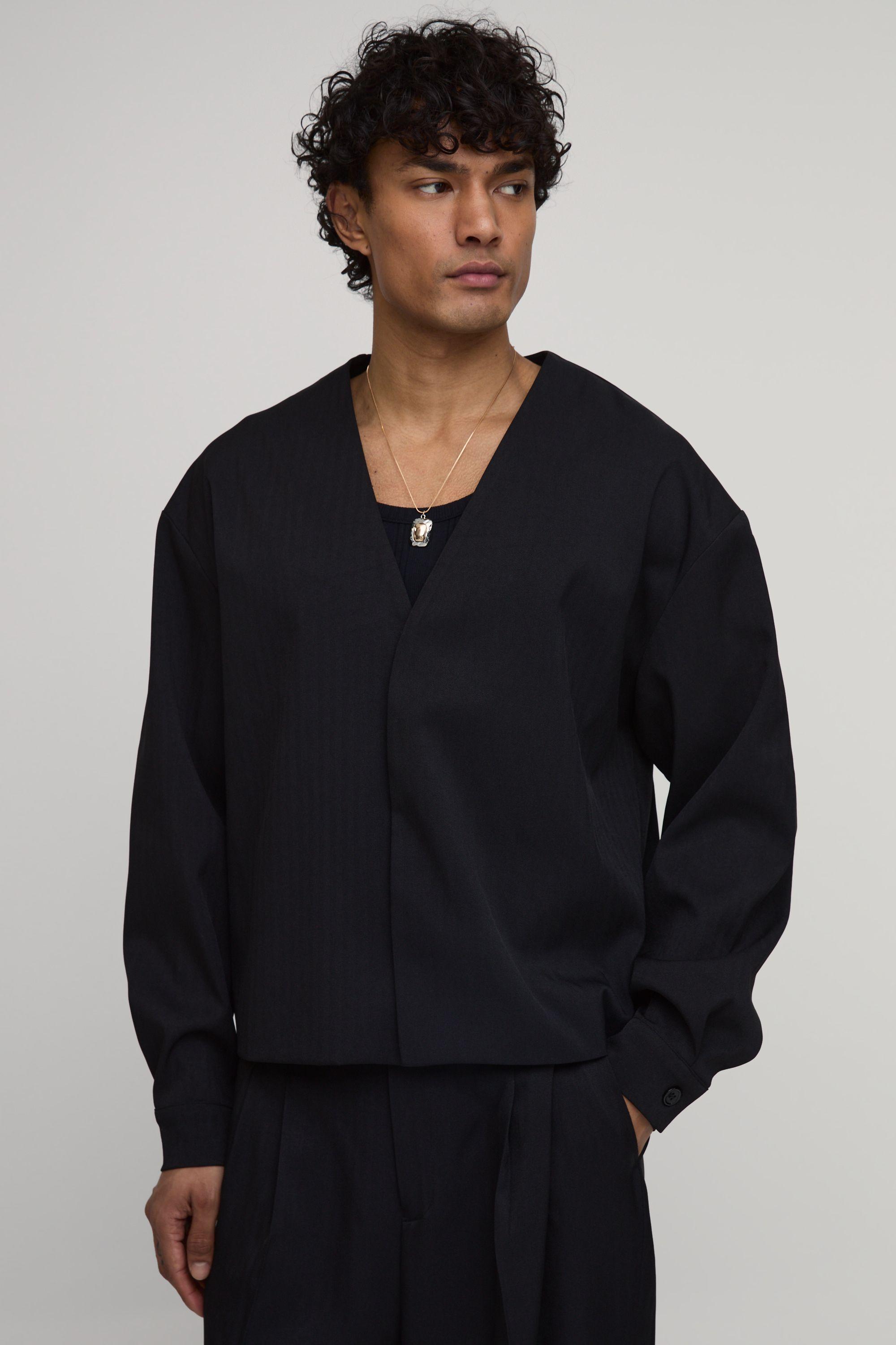 Herringbone Oversized Boxy Collarless Blazer by BOOHOOMAN