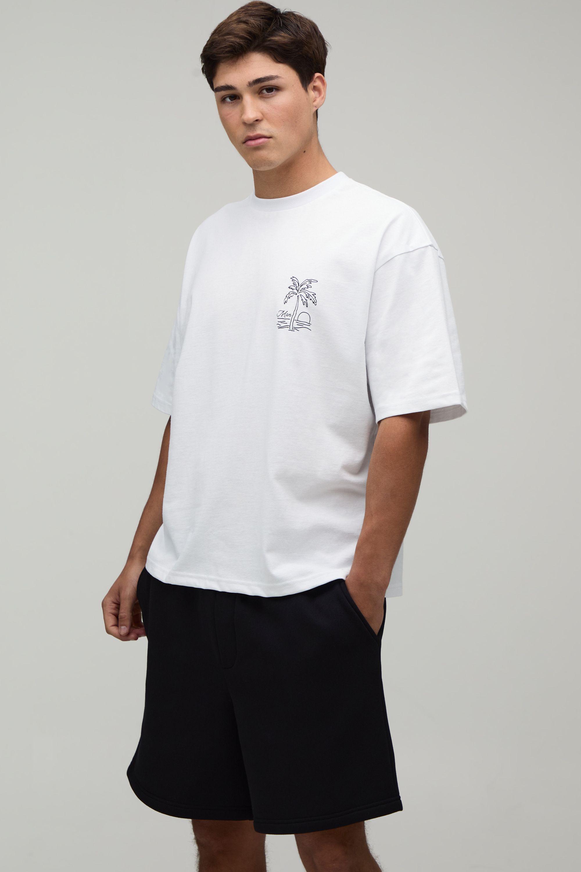 High Low Palm Embroidered Oversized T-Shirt and Short Set by BOOHOOMAN