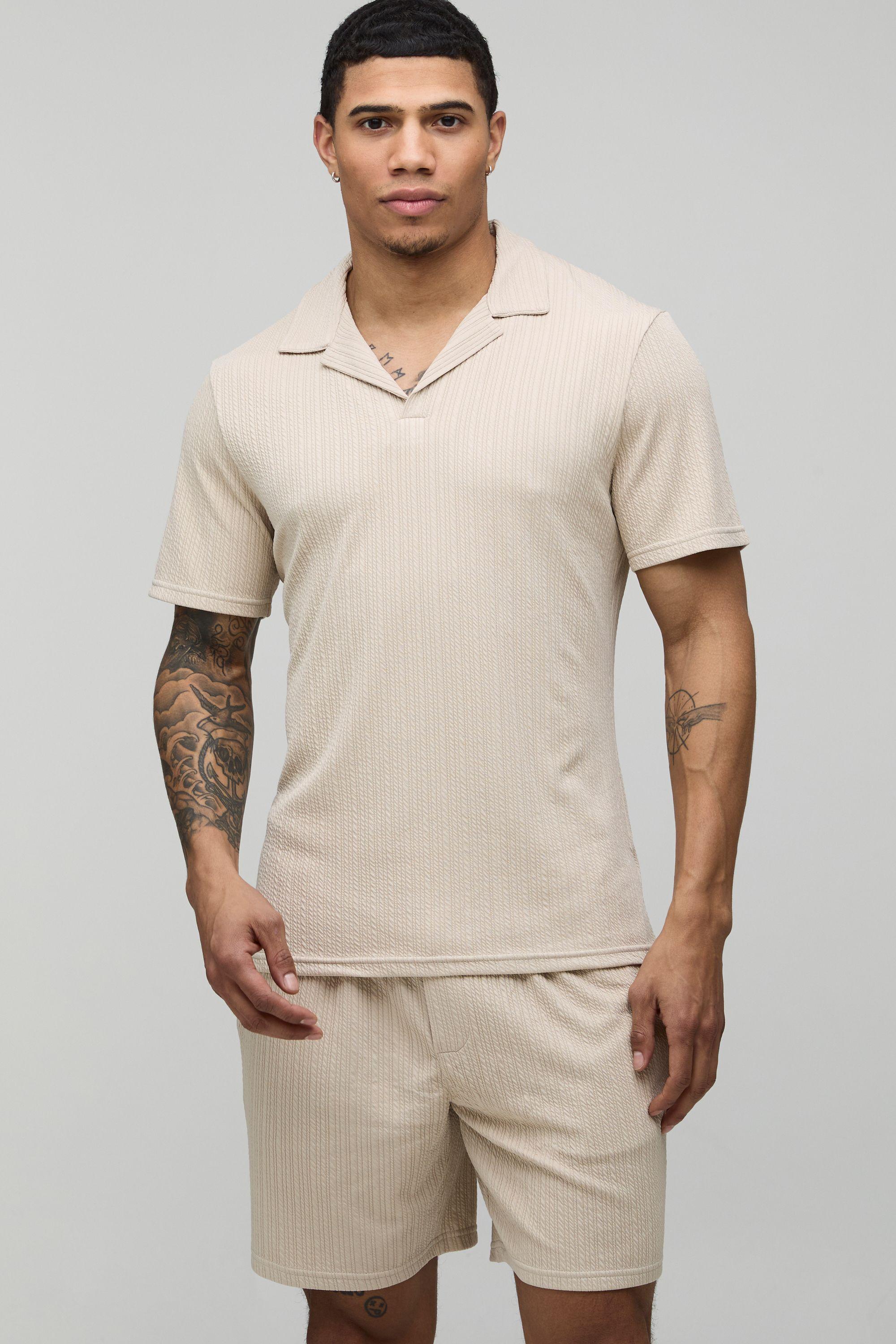 Jersey Textured Ribbed Slim Fit Polo & Relaxed Short Set by BOOHOOMAN