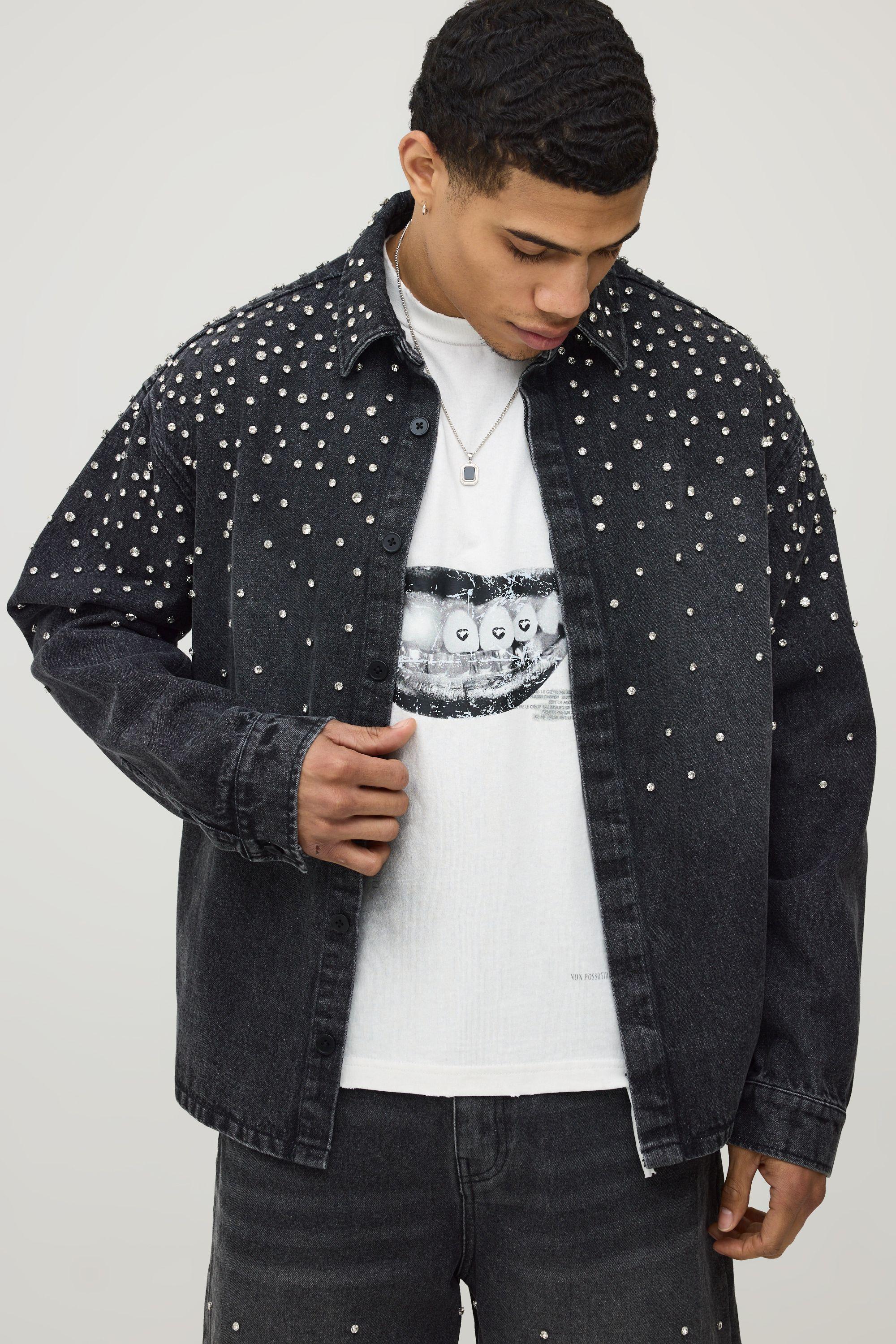 Jewel Embellished Raw Hem Denim Overshirt by BOOHOOMAN